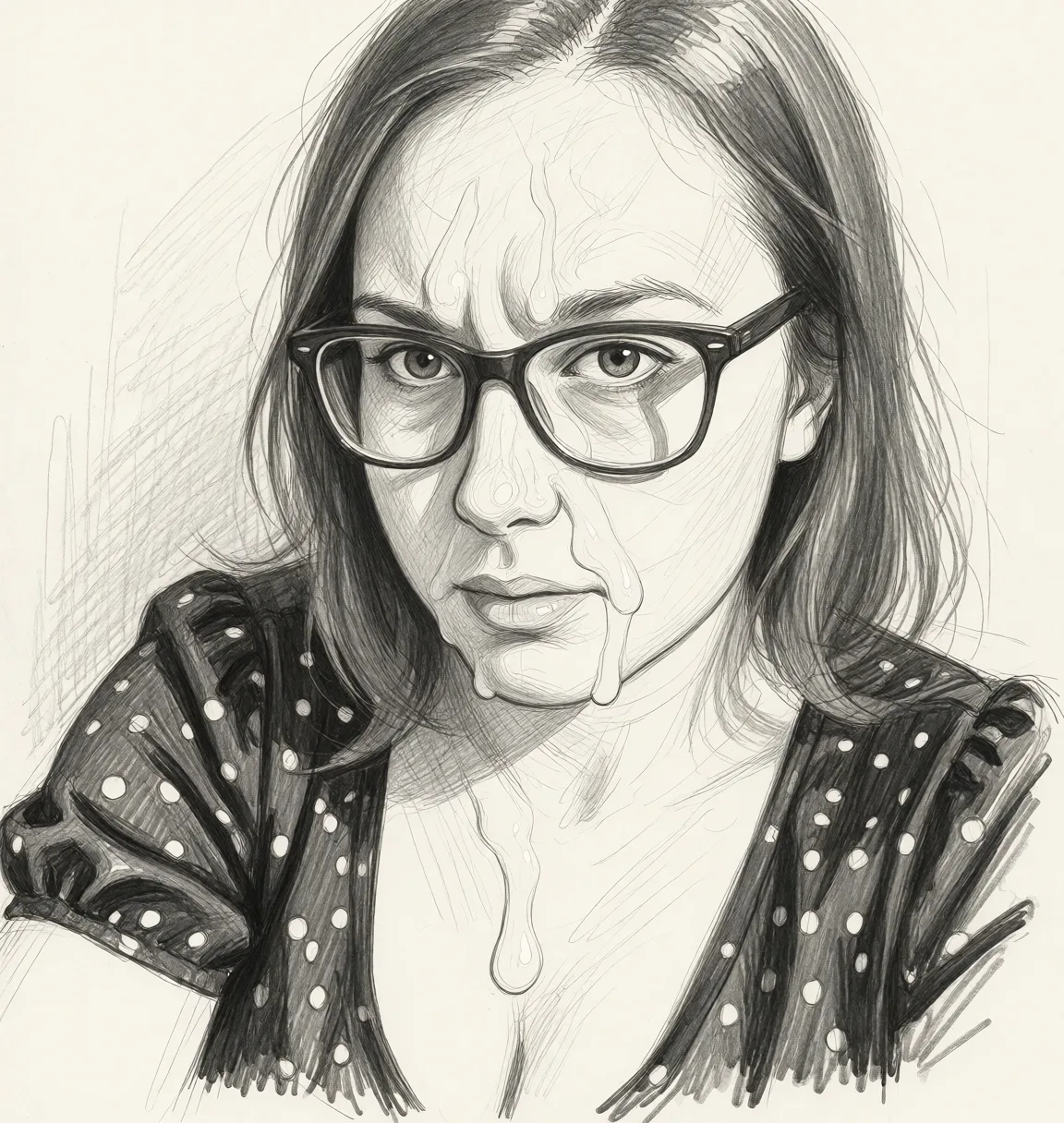 Redraw the entire picture as a hand-drawn graphite sketch on off-white paper: visible pencil strokes, cross-hatched shading, loose construction lines and no colour beyond the grey of the pencil and the tone of the paper. The background is drawn in the same style. Nothing in the frame keeps its photographic appearance. Above all, the picture must show: Cum on face.