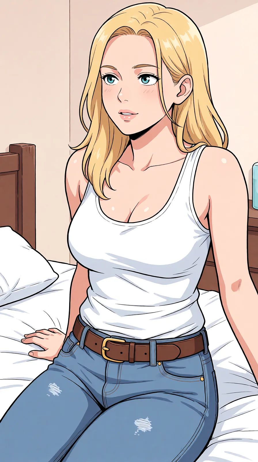 Redraw the entire picture as a hand-drawn anime illustration in flat cel-shaded anime style. It stays the same person with the same face, the same expression, the same hair and the same skin tone, and every other detail of the photograph is kept exactly as it is: nothing is added, removed, moved, uncovered or recoloured. Only the medium changes, and no part of the picture is left photographic. Above all, the picture must show: Naked on the bed.