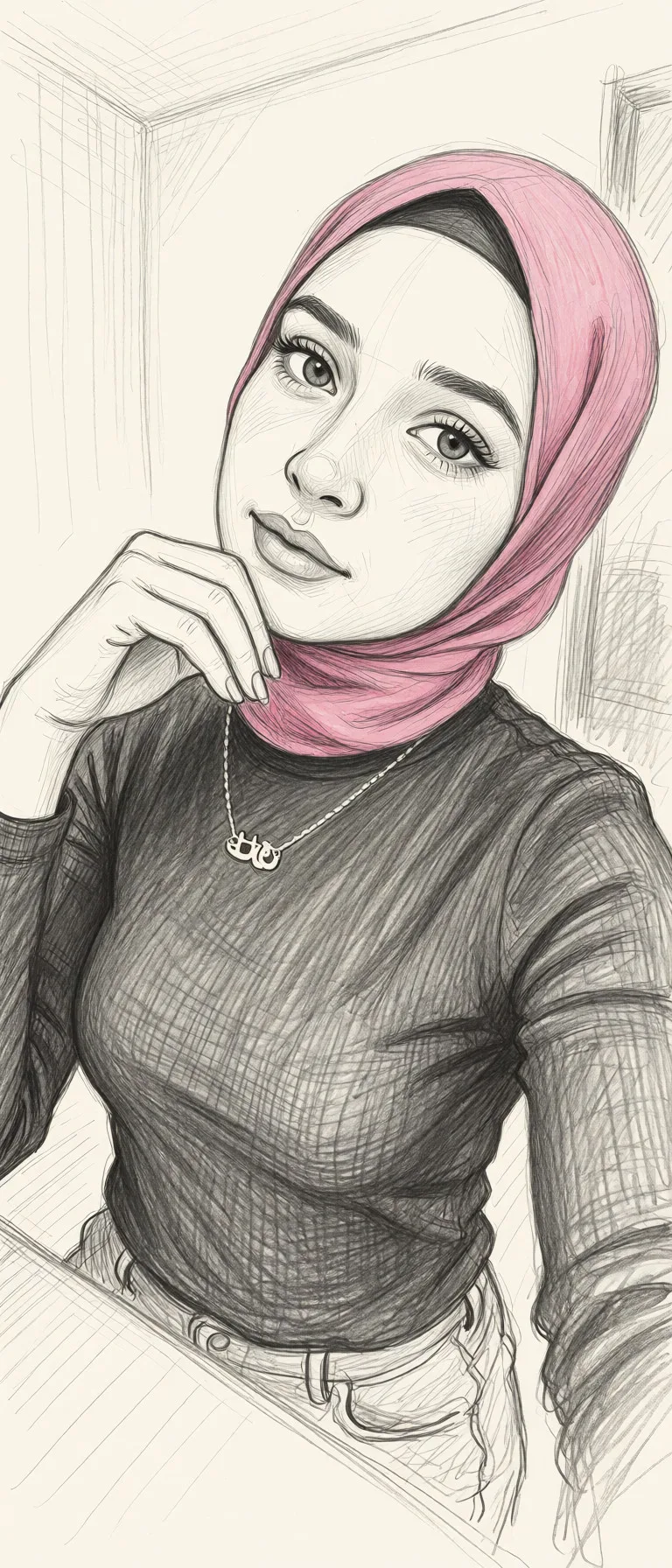 Redraw the entire picture as a hand-drawn graphite sketch on off-white paper: visible pencil strokes, cross-hatched shading, loose construction lines and no colour beyond the grey of the pencil and the tone of the paper. The background is drawn in the same style. Nothing in the frame keeps its photographic appearance. Above all, the picture must show: Take off your see-through_clothes.