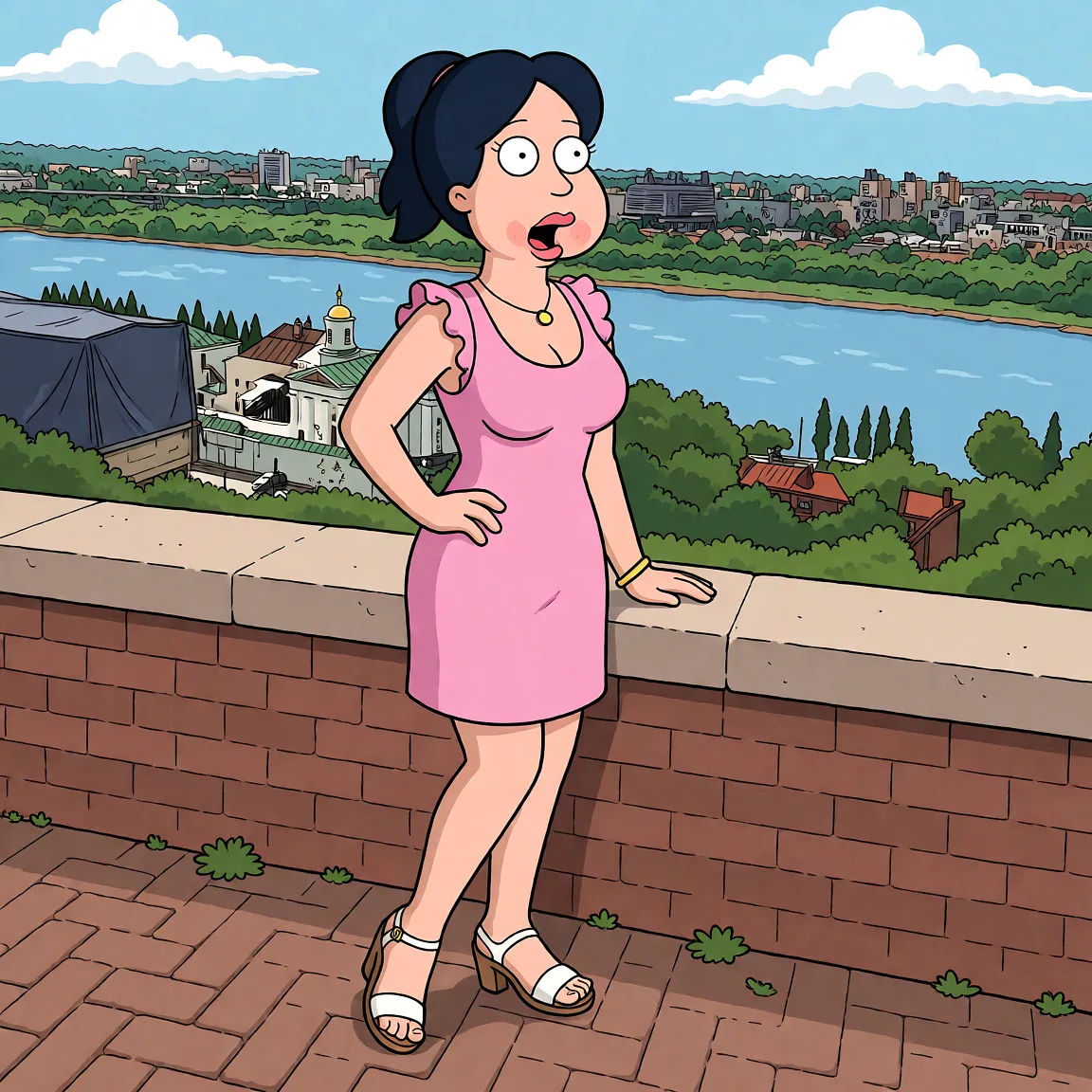 Redraw the entire picture as a western animated cartoon cel: thick even outlines, flat bright blocks of colour, simplified rounded shapes and hard-edged shadows, in the look of a television cartoon rather than of a camera. Keep the woman's adult proportions and adult figure exactly as they are; only the drawing style changes. The background is drawn in the same style. Nothing in the frame keeps its photographic appearance. Above all, the picture must show: large_areolae cum_in_mouth.