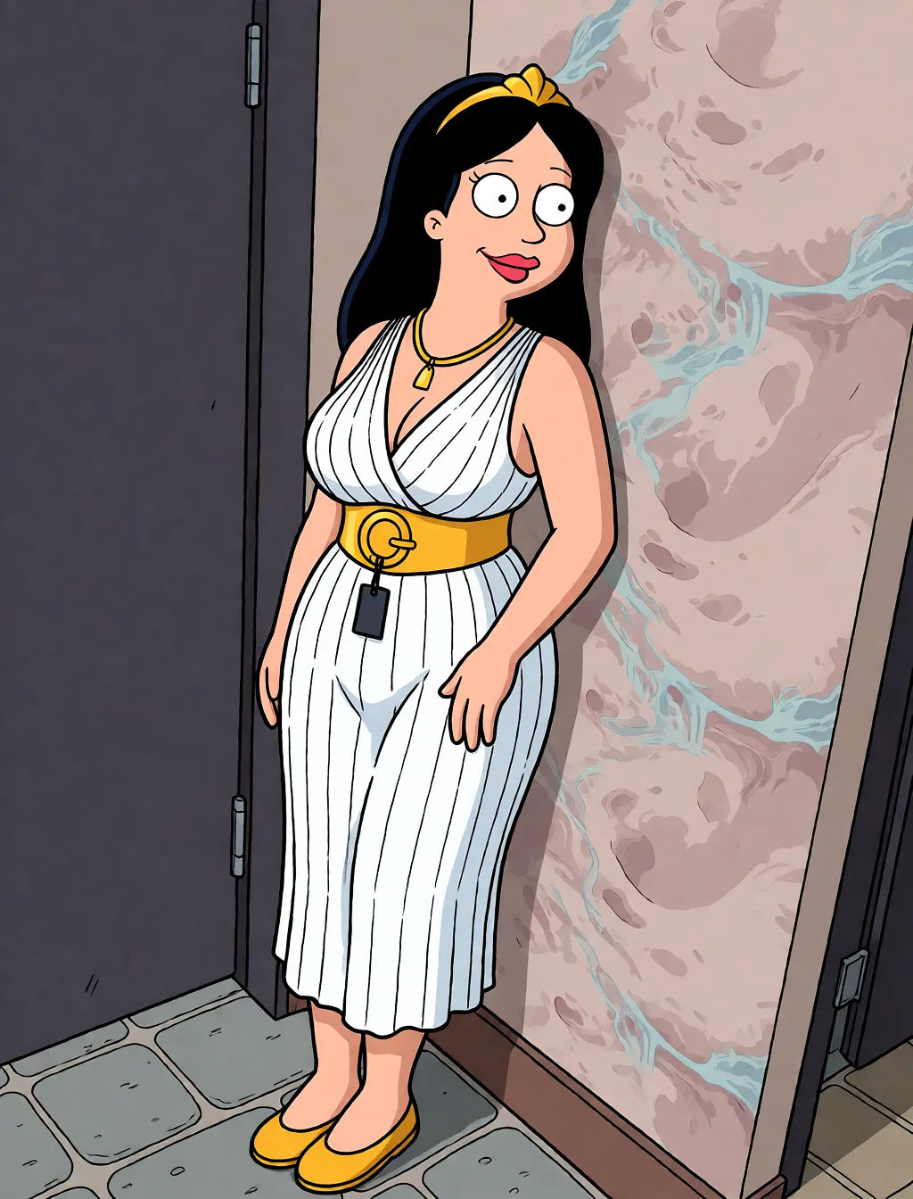Redraw the entire picture as a western animated cartoon cel: thick even outlines, flat bright blocks of colour, simplified rounded shapes and hard-edged shadows, in the look of a television cartoon rather than of a camera. Keep the woman's adult proportions and adult figure exactly as they are; only the drawing style changes. The background is drawn in the same style. Nothing in the frame keeps its photographic appearance. Above all, the picture must show: Hard gangbang.