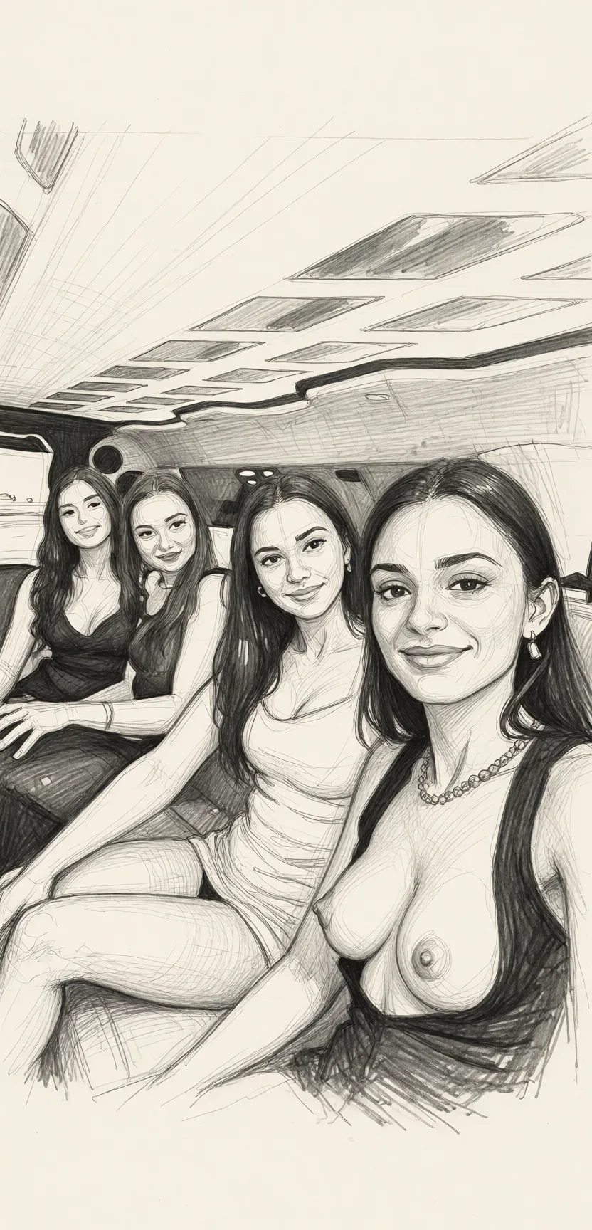 Redraw the entire picture as a hand-drawn graphite sketch on off-white paper: visible pencil strokes, cross-hatched shading, loose construction lines and no colour beyond the grey of the pencil and the tone of the paper. The background is drawn in the same style. Nothing in the frame keeps its photographic appearance. Above all, the picture must show: Девушки показывают голые груди.