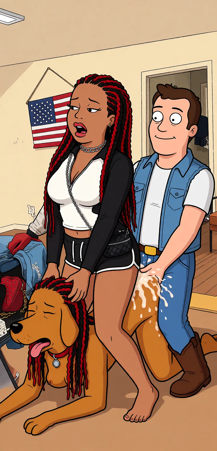 Redraw the entire picture as a western animated cartoon cel: thick even outlines, flat bright blocks of colour, simplified rounded shapes and hard-edged shadows, in the look of a television cartoon rather than of a camera. Keep the woman's adult proportions and adult figure exactly as they are; only the drawing style changes. The background is drawn in the same style. Nothing in the frame keeps its photographic appearance. Above all, the picture must show: Front facing doggy with man pulling head back, she is naked, keep her same body shape, she is in a prone position, guy has on all his clothes, he is humping her butt, she is moaning, he is cumming on her butt.