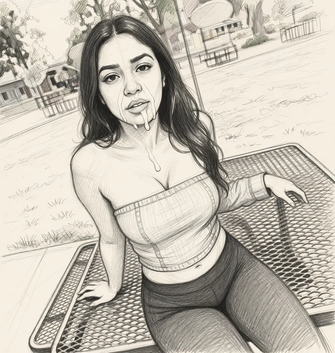 Redraw the entire picture as a hand-drawn graphite sketch on off-white paper: visible pencil strokes, cross-hatched shading, loose construction lines and no colour beyond the grey of the pencil and the tone of the paper. The background is drawn in the same style. Nothing in the frame keeps its photographic appearance. Above all, the picture must show:woman wearing a tube top with cum on her face.