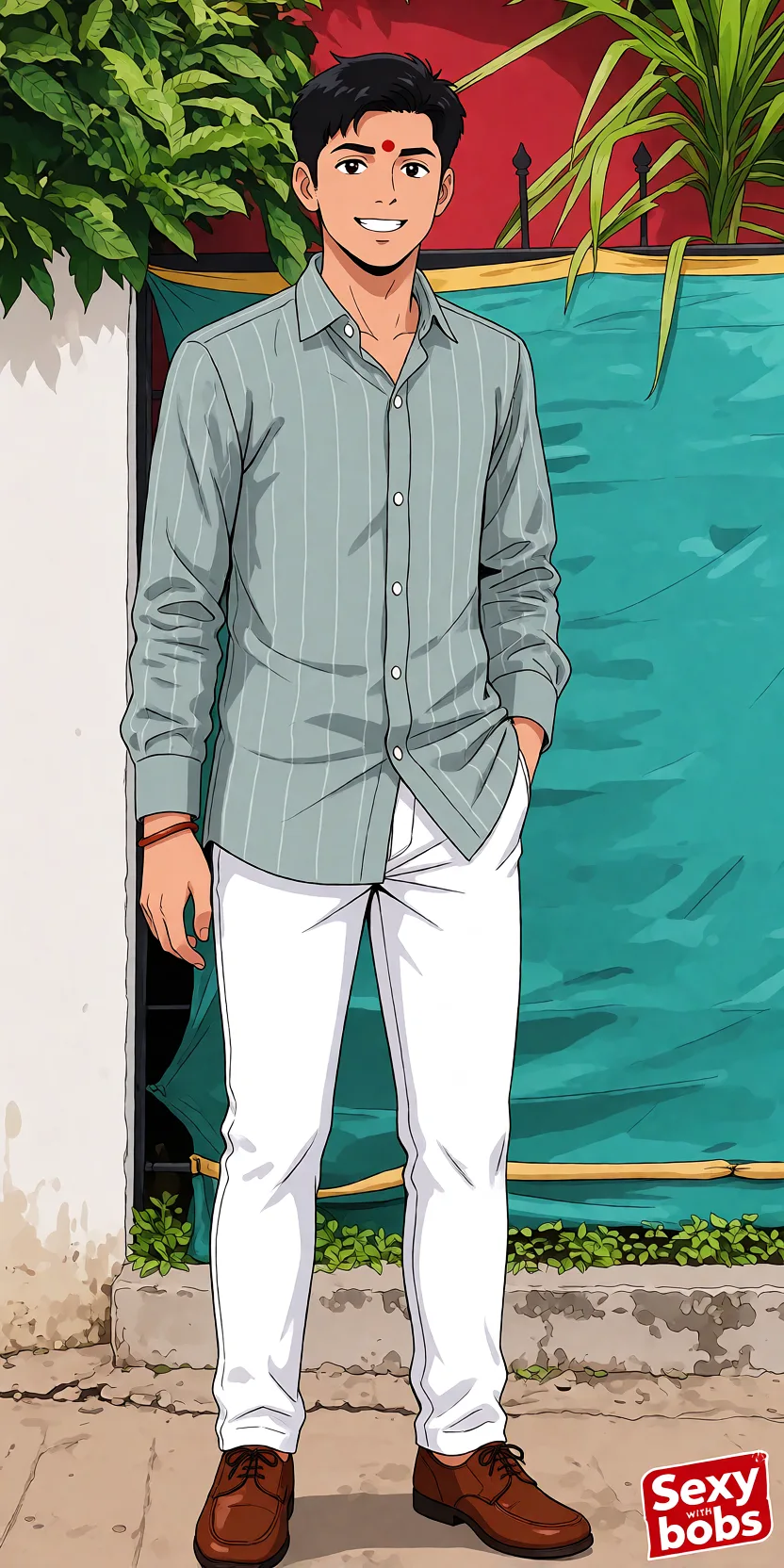 Redraw the entire picture as a hand-drawn anime illustration in flat cel-shaded anime style. It stays the same person with the same face, the same expression, the same hair and the same skin tone, and every other detail of the photograph is kept exactly as it is: nothing is added, removed, moved, uncovered or recoloured. Only the medium changes, and no part of the picture is left photographic. Above all, the picture must show: Sexy with bobs.