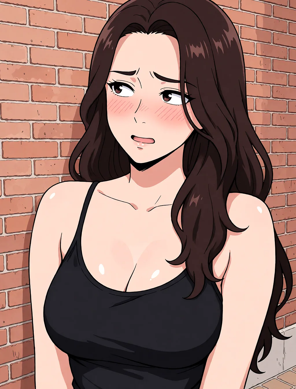 Redraw the entire picture as a hand-drawn anime illustration in flat cel-shaded anime style. It stays the same person with the same face, the same expression, the same hair and the same skin tone, and every other detail of the photograph is kept exactly as it is: nothing is added, removed, moved, uncovered or recoloured. Only the medium changes, and no part of the picture is left photographic. Above all, the picture must show: one_breast_out, nose_blush, flustered.