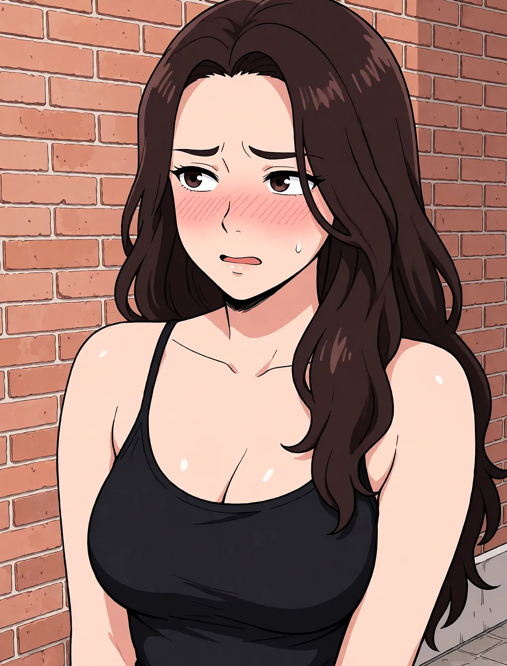 Redraw the entire picture as a hand-drawn anime illustration in flat cel-shaded anime style. It stays the same person with the same face, the same expression, the same hair and the same skin tone, and every other detail of the photograph is kept exactly as it is: nothing is added, removed, moved, uncovered or recoloured. Only the medium changes, and no part of the picture is left photographic. Above all, the picture must show: nose_blush, flustered, one breast out.