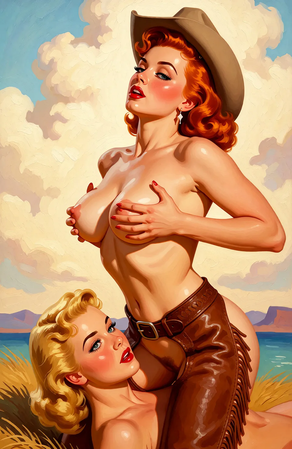 Redraw the entire picture as a retro pin-up illustration: smooth airbrushed gouache paint, warm saturated mid-century colour, clean confident outlines and glamorous stylised features, in the look of a 1950s pin-up poster. The background is painted in the same style. Nothing in the frame keeps its photographic appearance. Above all, the picture must show: the woman on top has red hair and is wearing a cowboy hat and leather chaps.