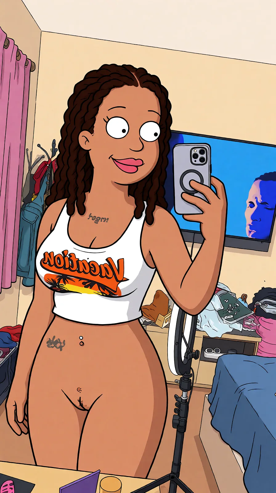 Redraw the entire picture as a western animated cartoon cel: thick even outlines, flat bright blocks of colour, simplified rounded shapes and hard-edged shadows, in the look of a television cartoon rather than of a camera. Keep the woman's adult proportions and adult figure exactly as they are; only the drawing style changes. The background is drawn in the same style. Nothing in the frame keeps its photographic appearance. Above all, the picture must show: have her naked.