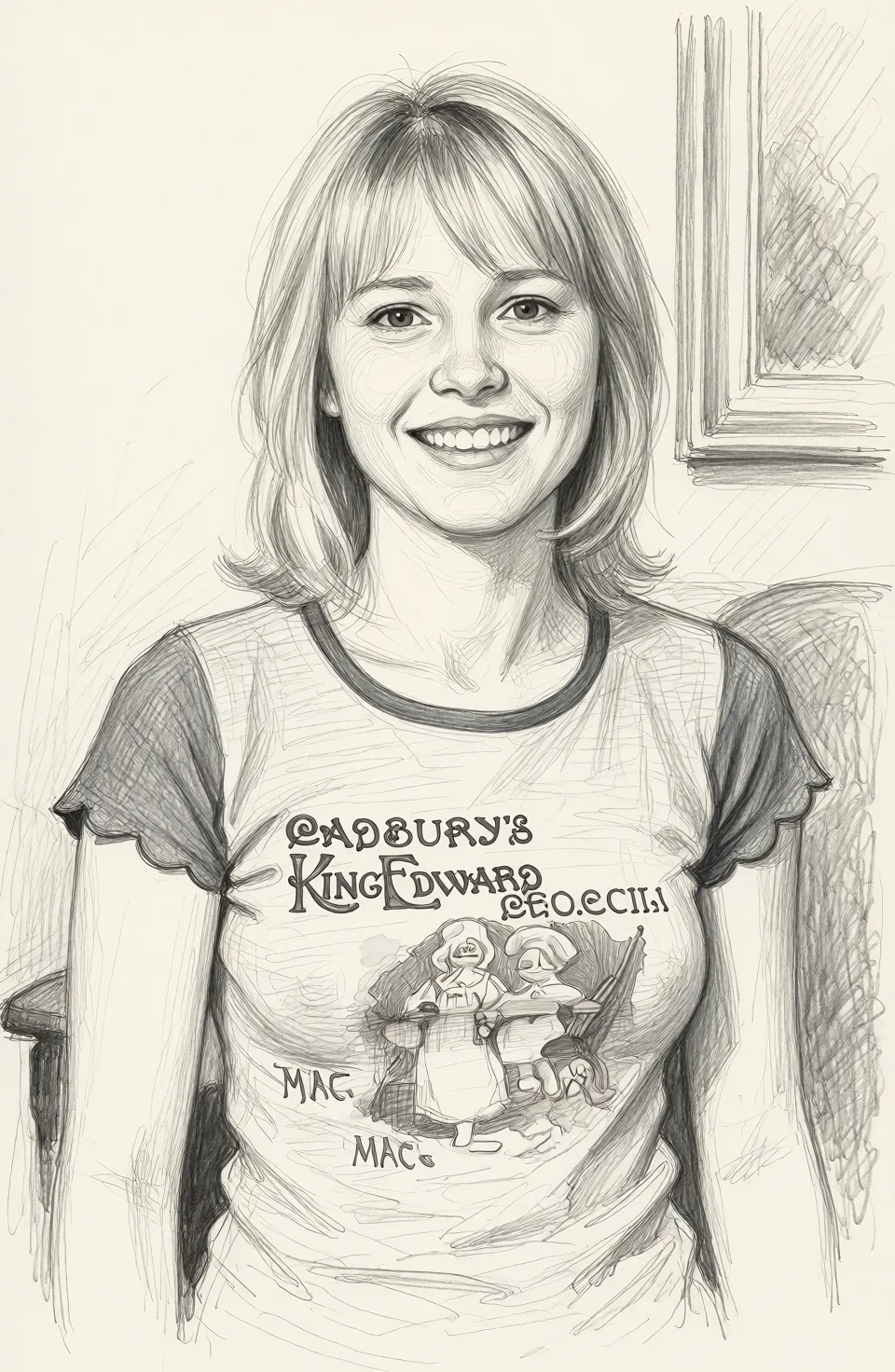 Redraw the entire picture as a hand-drawn graphite sketch on off-white paper: visible pencil strokes, cross-hatched shading, loose construction lines and no colour beyond the grey of the pencil and the tone of the paper. The background is drawn in the same style. Nothing in the frame keeps its photographic appearance. Above all, the picture must show: show small breasts, breasts_out.