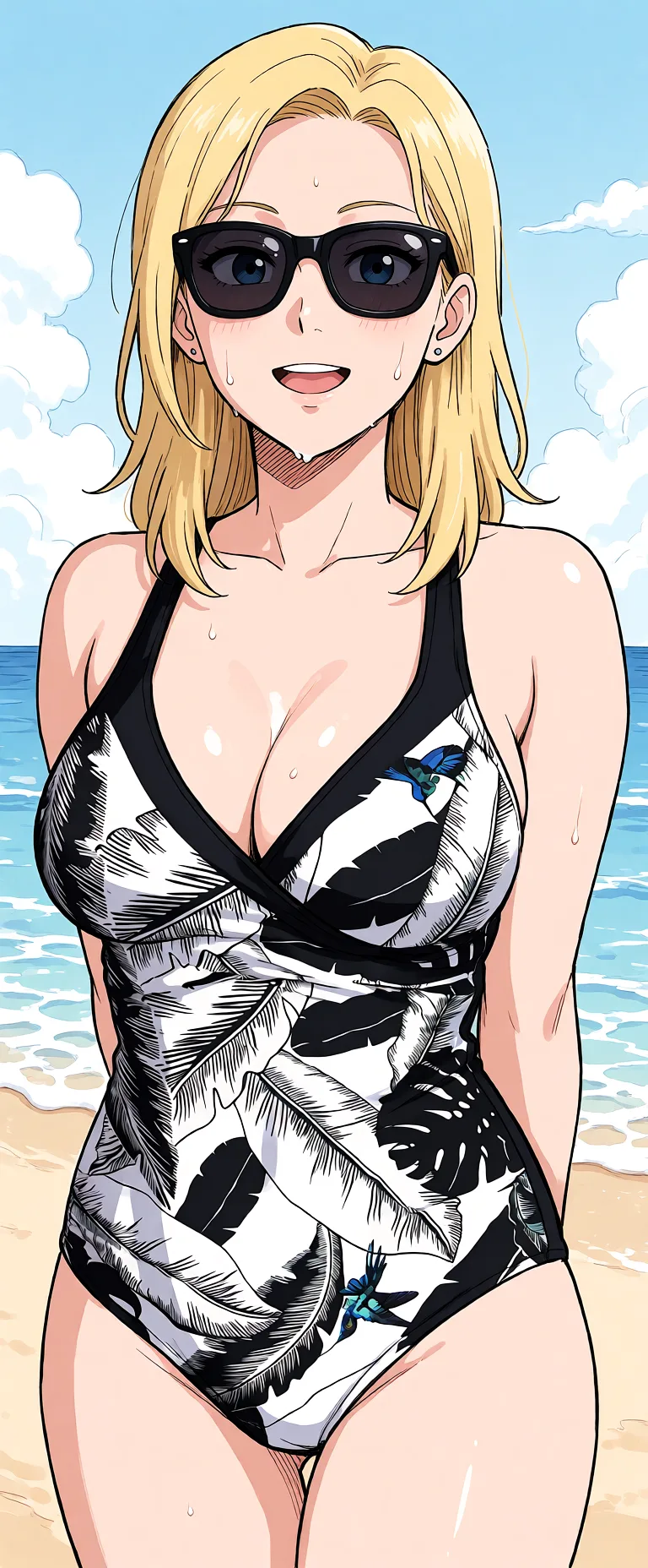 Redraw the entire picture as a hand-drawn anime illustration in flat cel-shaded anime style. It stays the same person with the same face, the same expression, the same hair and the same skin tone, and every other detail of the photograph is kept exactly as it is: nothing is added, removed, moved, uncovered or recoloured. Only the medium changes, and no part of the picture is left photographic. Above all, the picture must show: take off clothes, medium breasts.