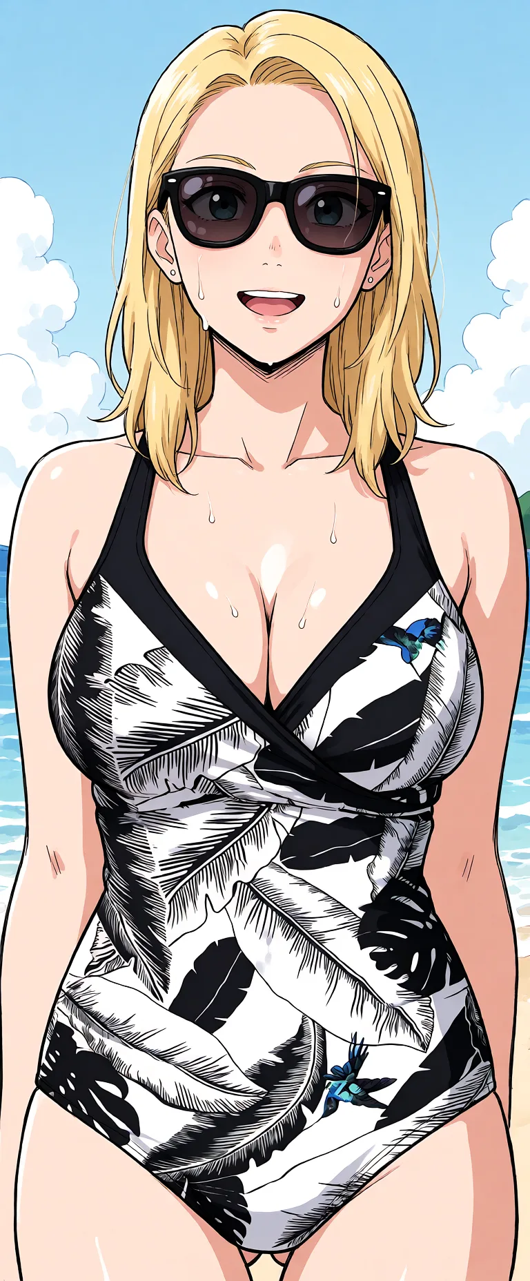 Redraw the entire picture as a hand-drawn anime illustration in flat cel-shaded anime style. It stays the same person with the same face, the same expression, the same hair and the same skin tone, and every other detail of the photograph is kept exactly as it is: nothing is added, removed, moved, uncovered or recoloured. Only the medium changes, and no part of the picture is left photographic. Above all, the picture must show: naked breasts, medium breasts.