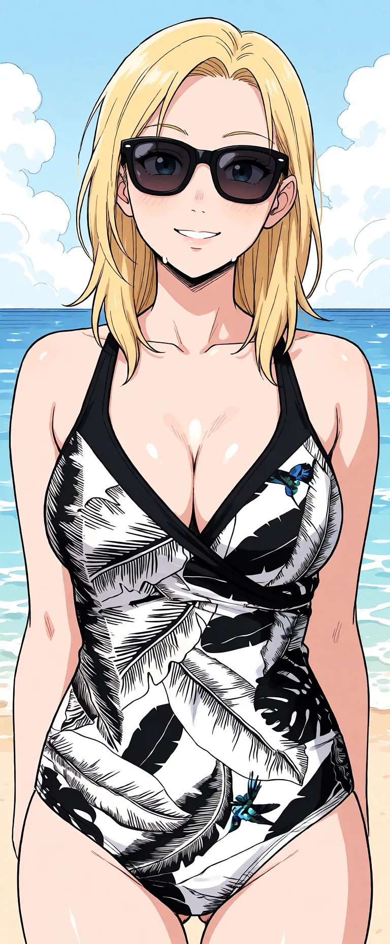 Redraw the entire picture as a hand-drawn anime illustration in flat cel-shaded anime style. It stays the same person with the same face, the same expression, the same hair and the same skin tone, and every other detail of the photograph is kept exactly as it is: nothing is added, removed, moved, uncovered or recoloured. Only the medium changes, and no part of the picture is left photographic. Above all, the picture must show: completely_nude, medium breasts.