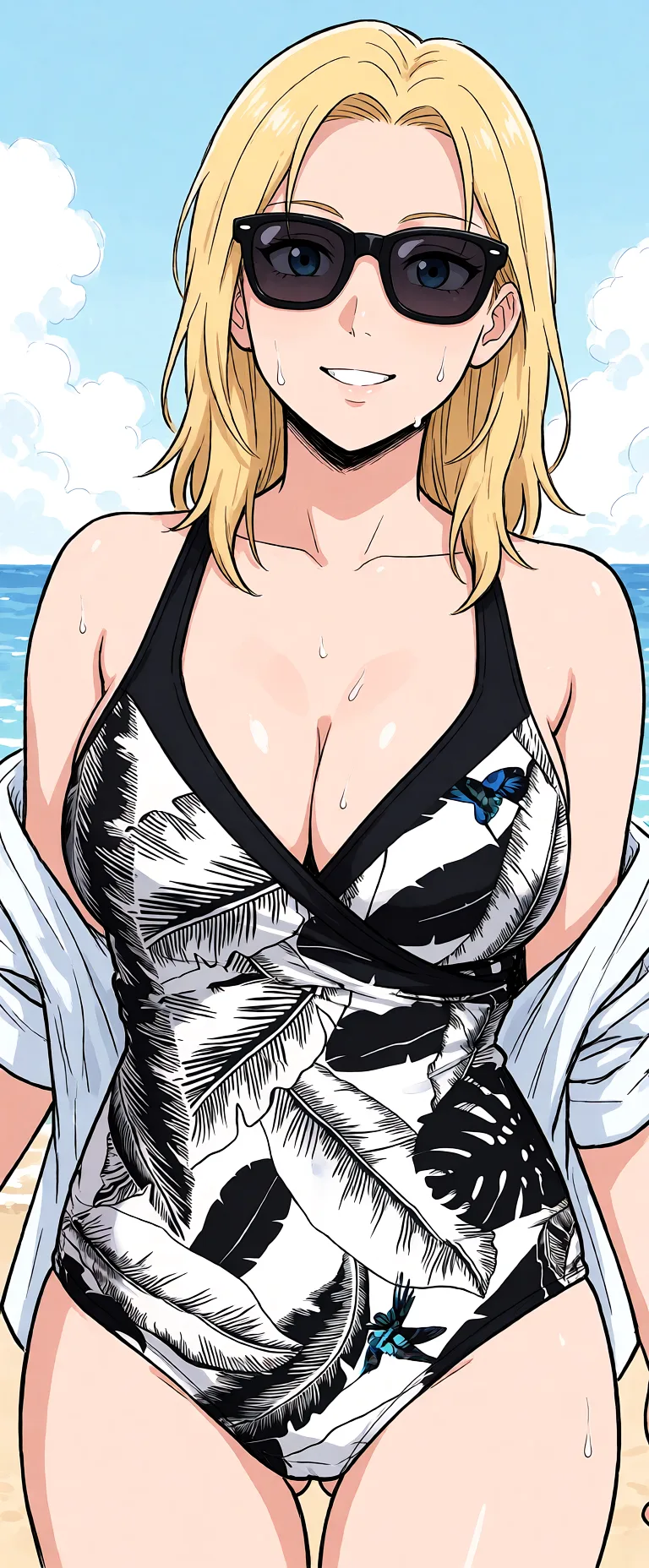 Redraw the entire picture as a hand-drawn anime illustration in flat cel-shaded anime style. It stays the same person with the same face, the same expression, the same hair and the same skin tone, and every other detail of the photograph is kept exactly as it is: nothing is added, removed, moved, uncovered or recoloured. Only the medium changes, and no part of the picture is left photographic. Above all, the picture must show: take off shirt, nude, breasts_out, medium_breasts.