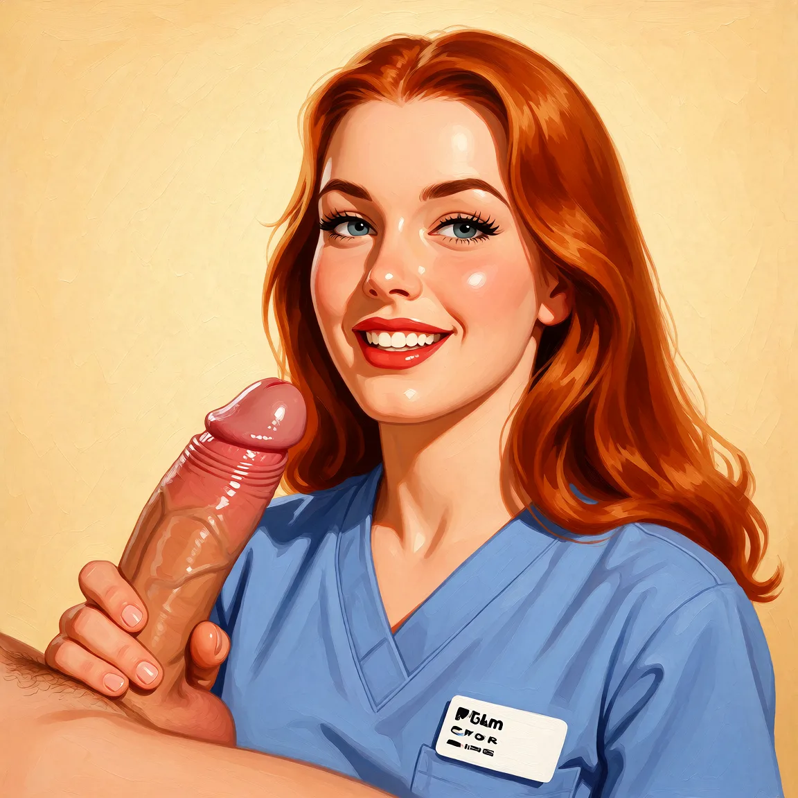 Redraw the entire picture as a retro pin-up illustration: smooth airbrushed gouache paint, warm saturated mid-century colour, clean confident outlines and glamorous stylised features, in the look of a 1950s pin-up poster. The background is painted in the same style. Nothing in the frame keeps its photographic appearance. Above all, the picture must show: Sucking penis.
