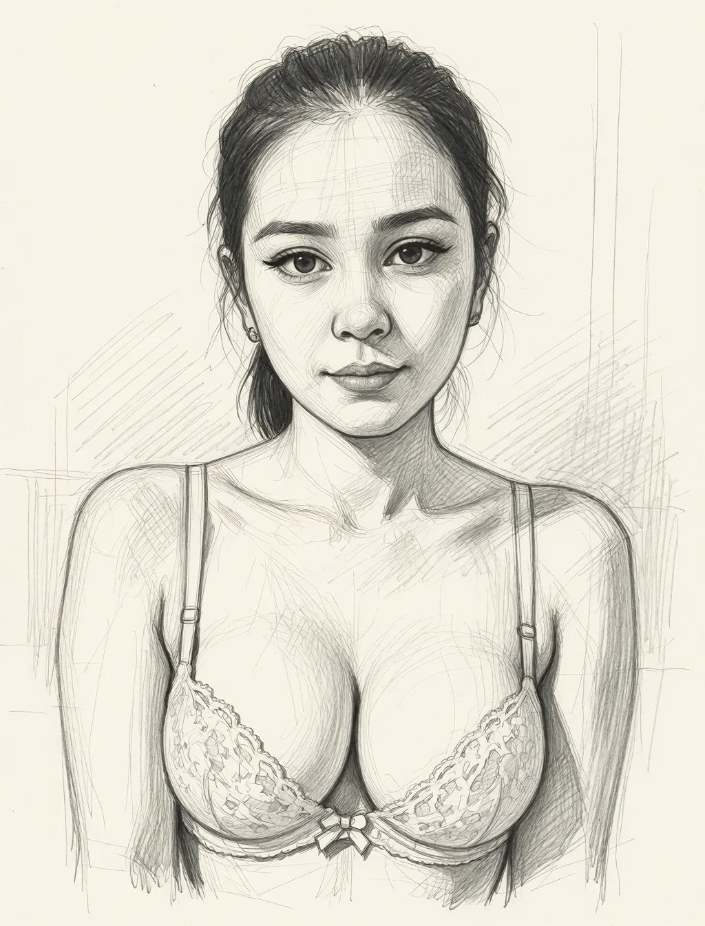 Redraw the entire picture as a hand-drawn graphite sketch on off-white paper: visible pencil strokes, cross-hatched shading, loose construction lines and no colour beyond the grey of the pencil and the tone of the paper. The background is drawn in the same style. Nothing in the frame keeps its photographic appearance. Above all, the picture must show: Hardly fucked.
