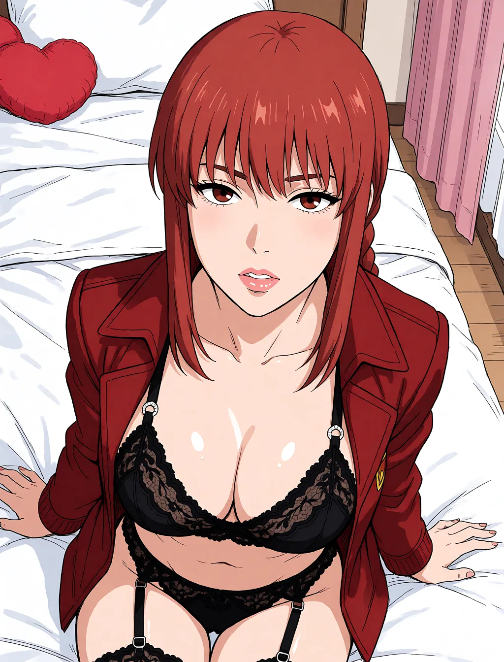 Redraw the entire picture as a hand-drawn anime illustration in flat cel-shaded anime style. It stays the same person with the same face, the same expression, the same hair and the same skin tone, and every other detail of the photograph is kept exactly as it is: nothing is added, removed, moved, uncovered or recoloured. Only the medium changes, and no part of the picture is left photographic. Above all, the picture must show: Make this woman cosplay makima.