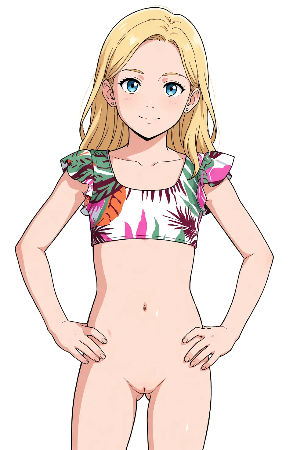 Redraw the entire picture as a hand-drawn anime illustration in flat cel-shaded anime style. It stays the same person with the same face, the same expression, the same hair and the same skin tone, and every other detail of the photograph is kept exactly as it is: nothing is added, removed, moved, uncovered or recoloured. Only the medium changes, and no part of the picture is left photographic. Above all, the picture must show: Make her naked.