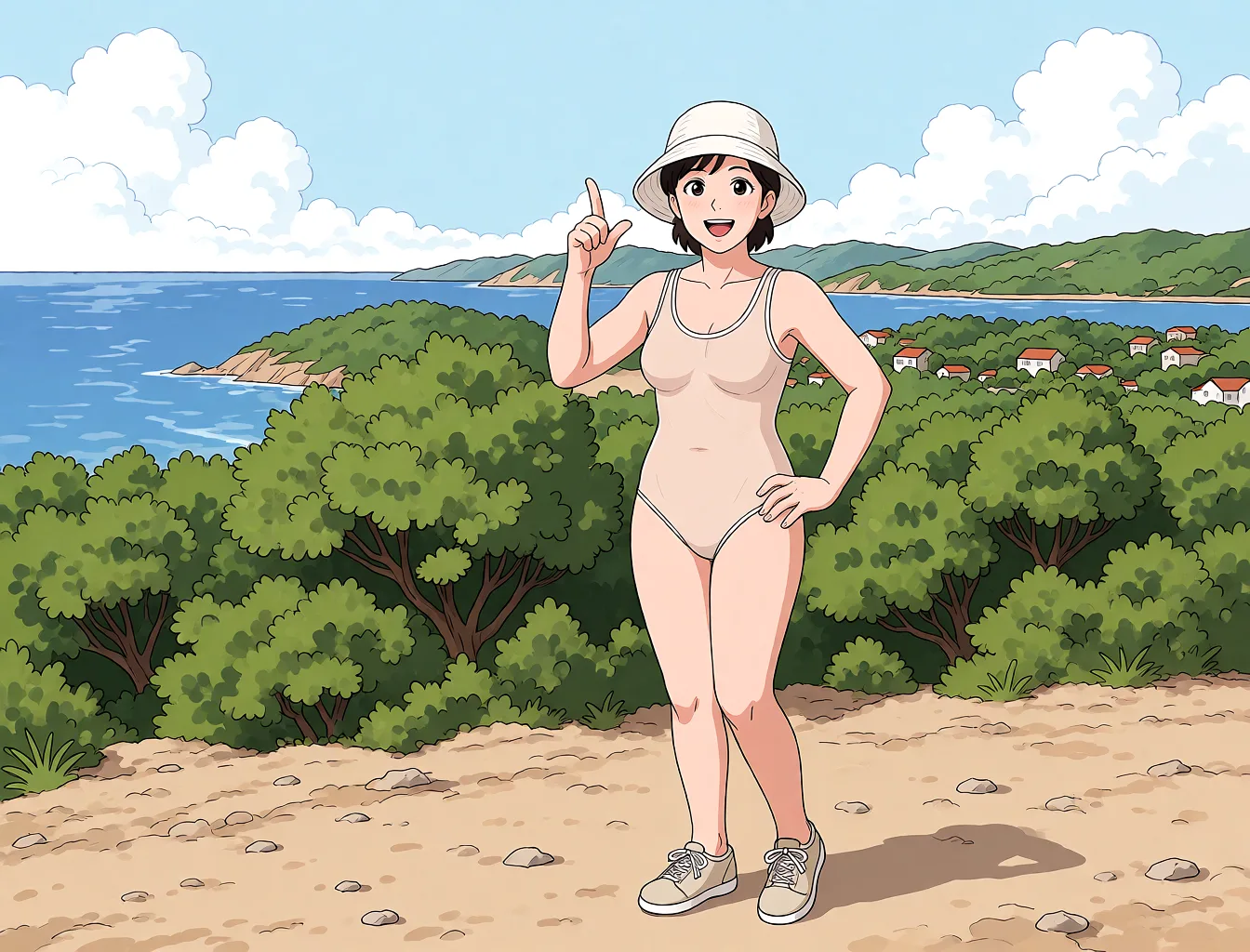 Redraw the entire picture as a hand-drawn anime illustration in flat cel-shaded anime style. It stays the same person with the same face, the same expression, the same hair and the same skin tone, and every other detail of the photograph is kept exactly as it is: nothing is added, removed, moved, uncovered or recoloured. Only the medium changes, and no part of the picture is left photographic. Above all, the picture must show: mesh bathing costume.
