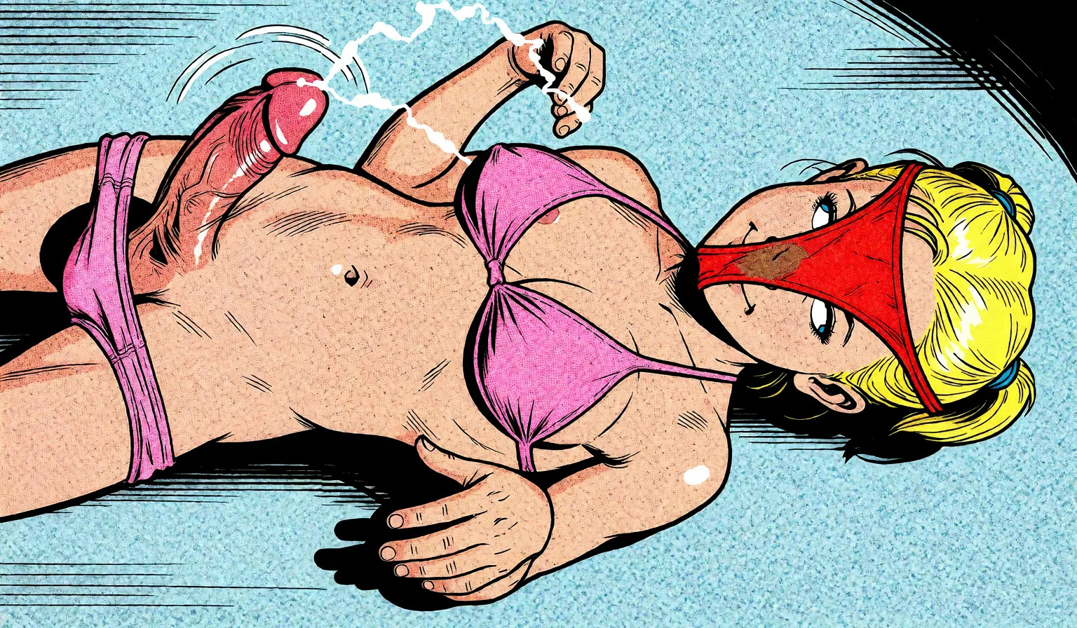 Redraw the entire picture as western comic-book art: heavy black inked outlines, hard-edged cel shading, limited high-contrast colour and visible halftone dot texture. The background is drawn in the same style. Nothing in the frame keeps its photographic appearance. Above all, the picture must show: pink front-tie_bikini_top.