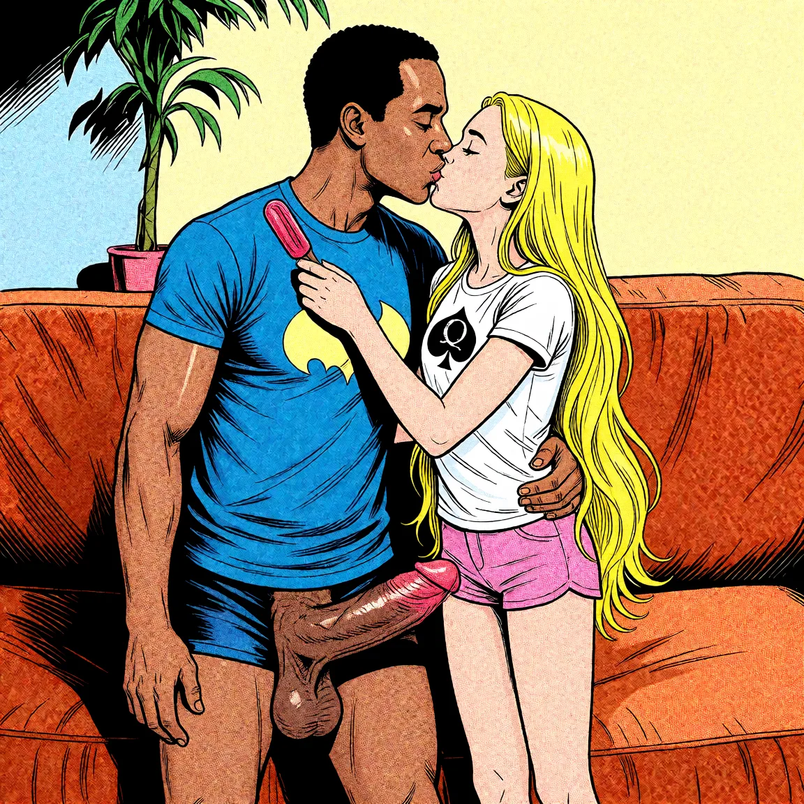 Redraw the entire picture as western comic-book art: heavy black inked outlines, hard-edged cel shading, limited high-contrast colour and visible halftone dot texture. The background is drawn in the same style. Nothing in the frame keeps its photographic appearance. Above all, the picture must show: huge_penis dark_skin.