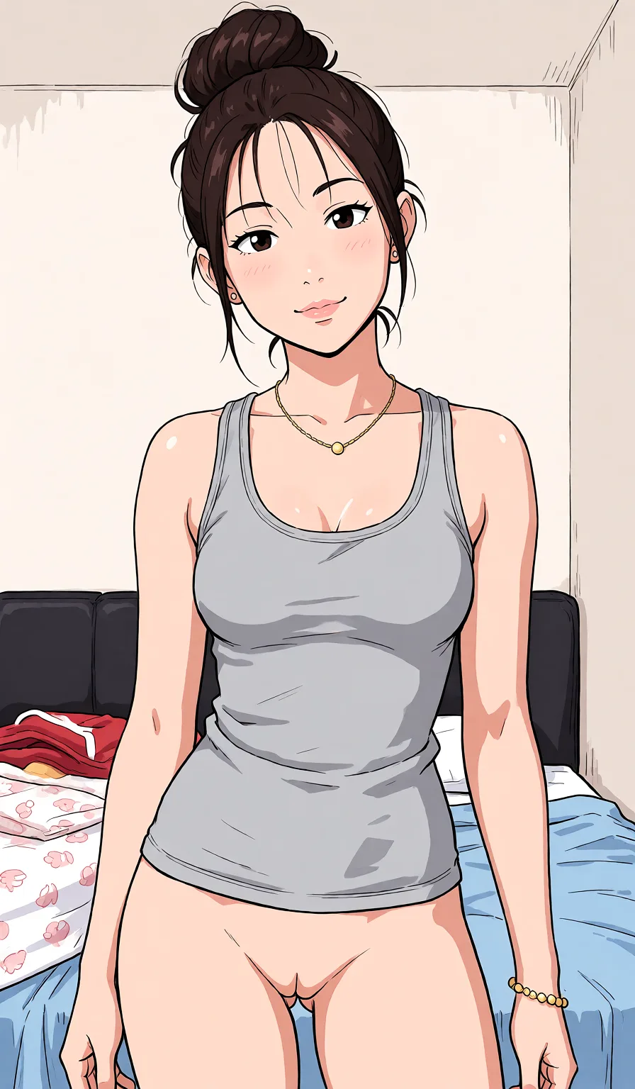 Redraw the entire picture as a hand-drawn anime illustration in flat cel-shaded anime style. It stays the same person with the same face, the same expression, the same hair and the same skin tone, and every other detail of the photograph is kept exactly as it is: nothing is added, removed, moved, uncovered or recoloured. Only the medium changes, and no part of the picture is left photographic. Above all, the picture must show: to not wear outfits, not wear anything to show her breasts and vagina, make the pose the same, no change.