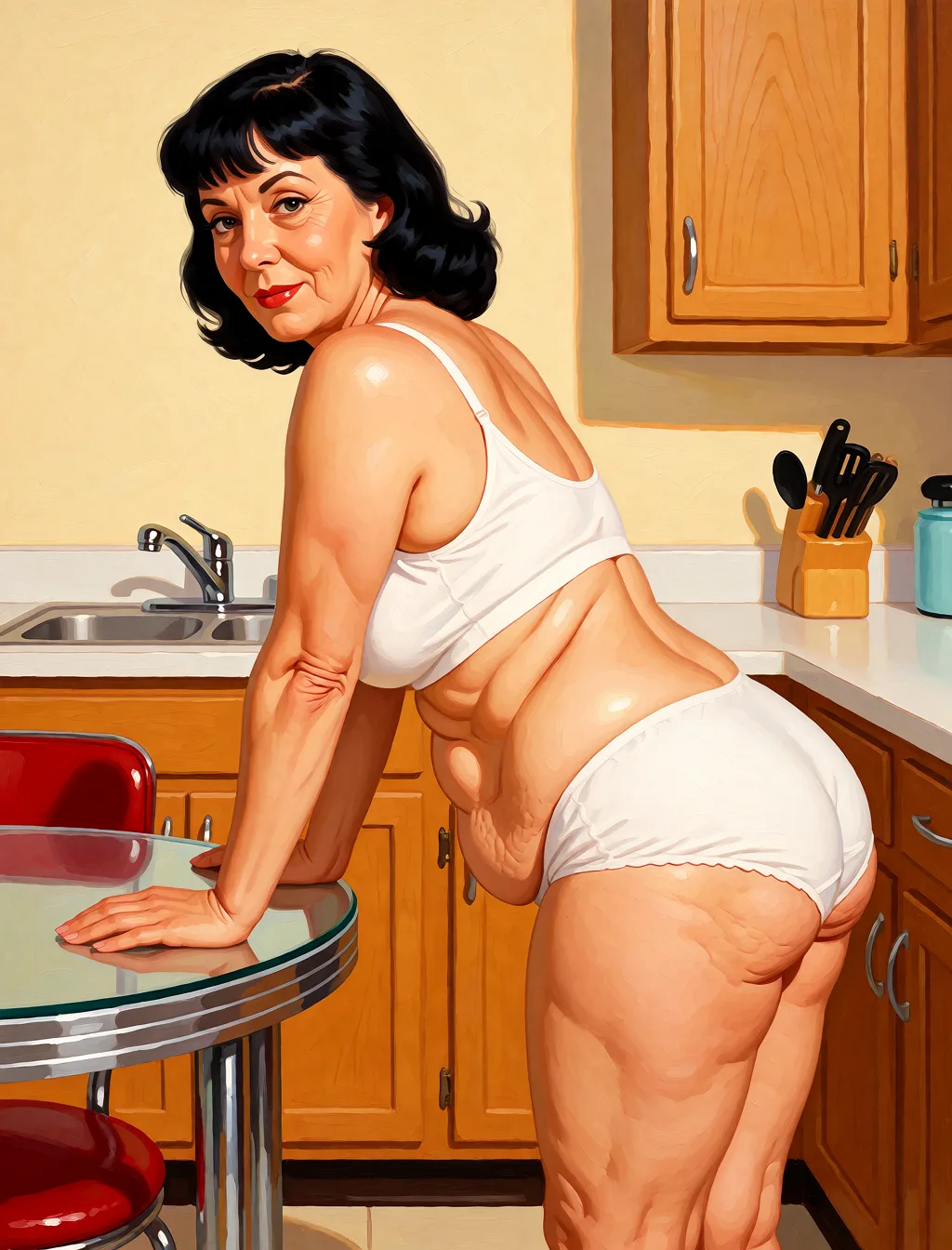 Redraw the entire picture as a retro pin-up illustration: smooth airbrushed gouache paint, warm saturated mid-century colour, clean confident outlines and glamorous stylised features, in the look of a 1950s pin-up poster. The background is painted in the same style. Nothing in the frame keeps its photographic appearance. Above all, the picture must show: Show the woman standing up sideways looking at the camera in a kitchen. She is bent over at the waist with her elbows and lower arms resting on a glass table. Her buttocks are flat and saggy underneath her panties.