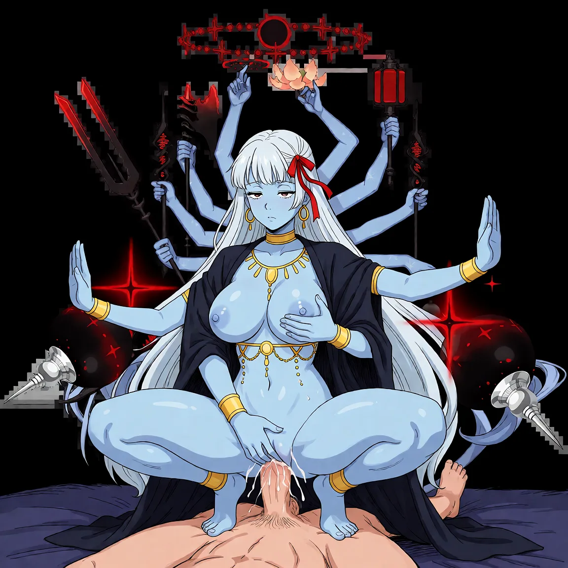 Redraw the entire picture as a hand-drawn anime illustration in flat cel-shaded anime style. It stays the same person with the same face, the same expression, the same hair and the same skin tone, and every other detail of the photograph is kept exactly as it is: nothing is added, removed, moved, uncovered or recoloured. Only the medium changes, and no part of the picture is left photographic. Above all, the picture must show: Squatting on top of a man as he fucks her pussy. She has six arms. two of her hands are in a yoga pose, two are fondling her own boobs, two are spreading her pussy, and her eyes are half-lidded.