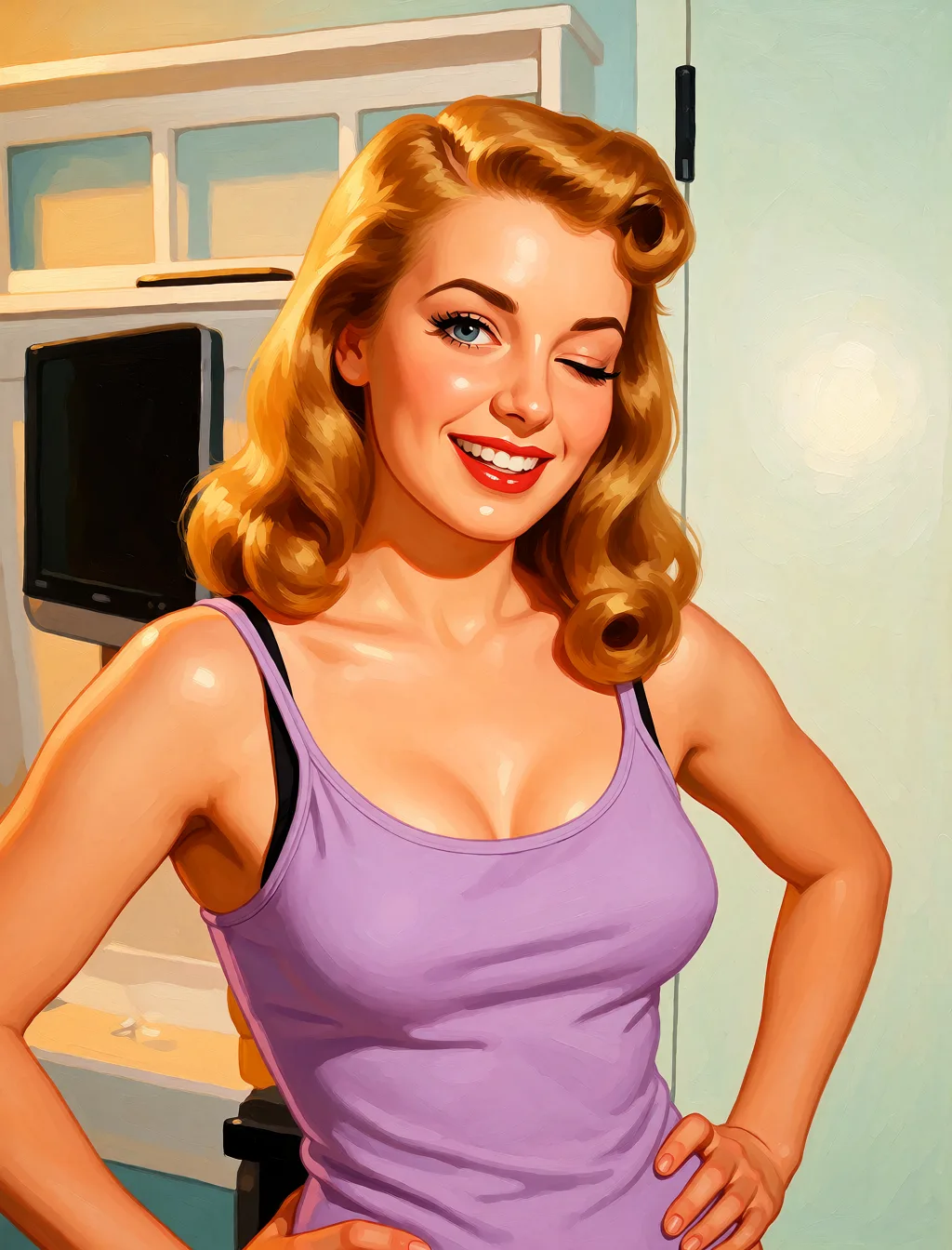 Redraw the entire picture as a retro pin-up illustration: smooth airbrushed gouache paint, warm saturated mid-century colour, clean confident outlines and glamorous stylised features, in the look of a 1950s pin-up poster. The background is painted in the same style. Nothing in the frame keeps its photographic appearance. Above all, the picture must show: completely_nude cum one_eye_closed.