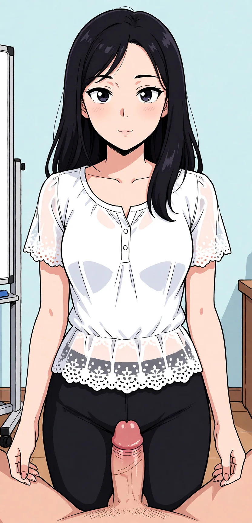 Redraw the entire picture as a hand-drawn anime illustration in flat cel-shaded anime style. It stays the same person with the same face, the same expression, the same hair and the same skin tone, and every other detail of the photograph is kept exactly as it is: nothing is added, removed, moved, uncovered or recoloured. Only the medium changes, and no part of the picture is left photographic. Above all, the picture must show: group_sex.