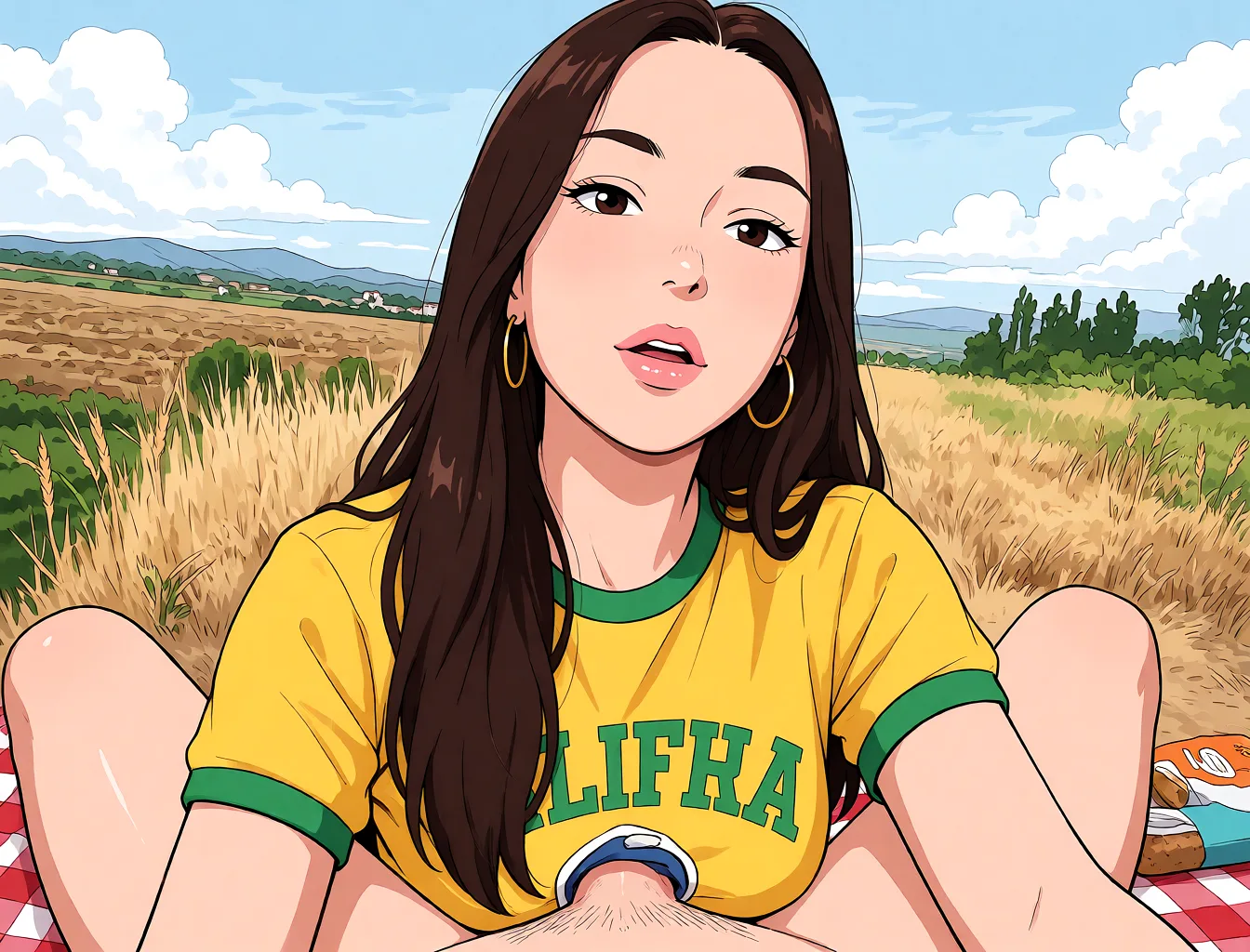Redraw the entire picture as a hand-drawn anime illustration in flat cel-shaded anime style. It stays the same person with the same face, the same expression, the same hair and the same skin tone, and every other detail of the photograph is kept exactly as it is: nothing is added, removed, moved, uncovered or recoloured. Only the medium changes, and no part of the picture is left photographic. Above all, the picture must show: sex.