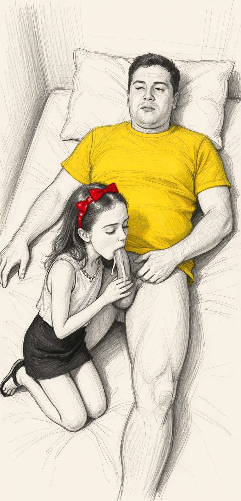 Redraw the entire picture as a hand-drawn graphite sketch on off-white paper: visible pencil strokes, cross-hatched shading, loose construction lines and no colour beyond the grey of the pencil and the tone of the paper. The background is drawn in the same style. Nothing in the frame keeps its photographic appearance. Above all, the picture must show: She is small and skinny, he is laying on a bed, she is kneeling next to him, she is sucking his penis, he cums in her mouth.