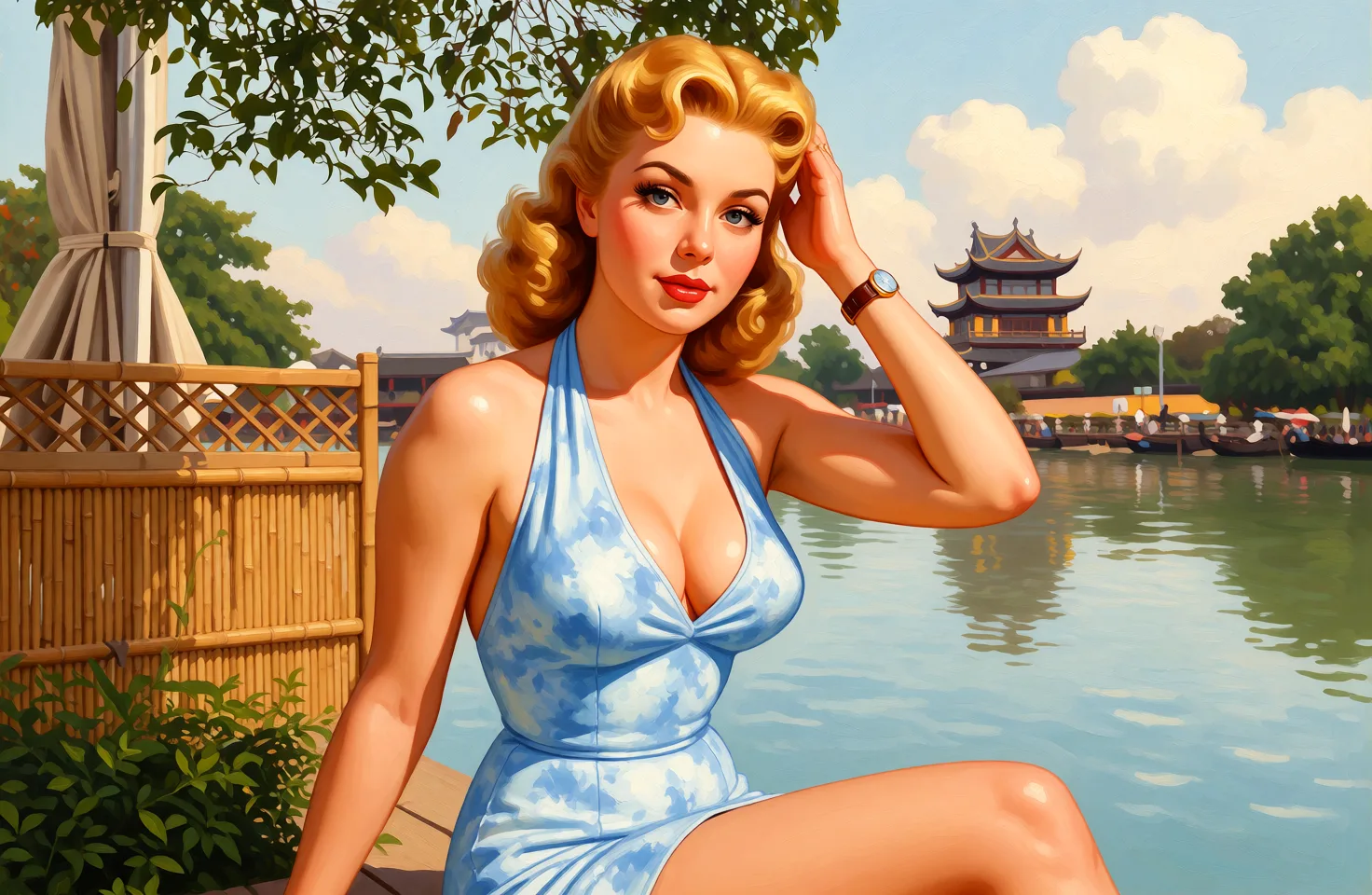 Redraw the entire picture as a retro pin-up illustration: smooth airbrushed gouache paint, warm saturated mid-century colour, clean confident outlines and glamorous stylised features, in the look of a 1950s pin-up poster. The background is painted in the same style. Nothing in the frame keeps its photographic appearance. Above all, the picture must show: nude.