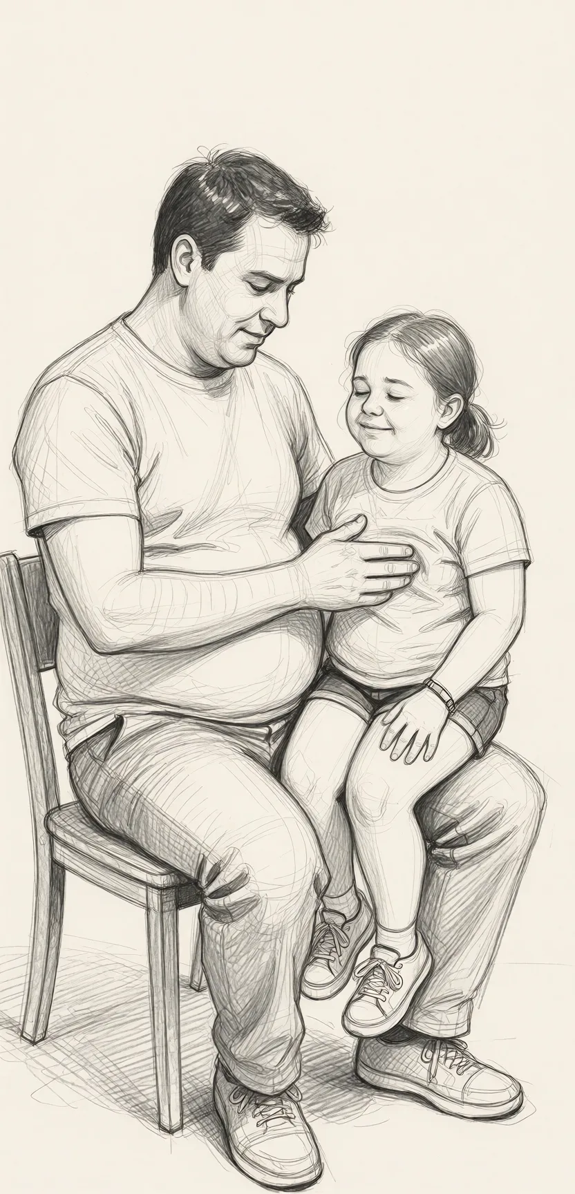 Redraw the entire picture as a hand-drawn graphite sketch on off-white paper: visible pencil strokes, cross-hatched shading, loose construction lines and no colour beyond the grey of the pencil and the tone of the paper. The background is drawn in the same style. Nothing in the frame keeps its photographic appearance. Above all, the picture must show: He is tall and has a potbelly, he's sitting on a chair, she's short and chubby, she's sitting on his lap, his hand is under her shirt fondling her breast, she's enjoying it.