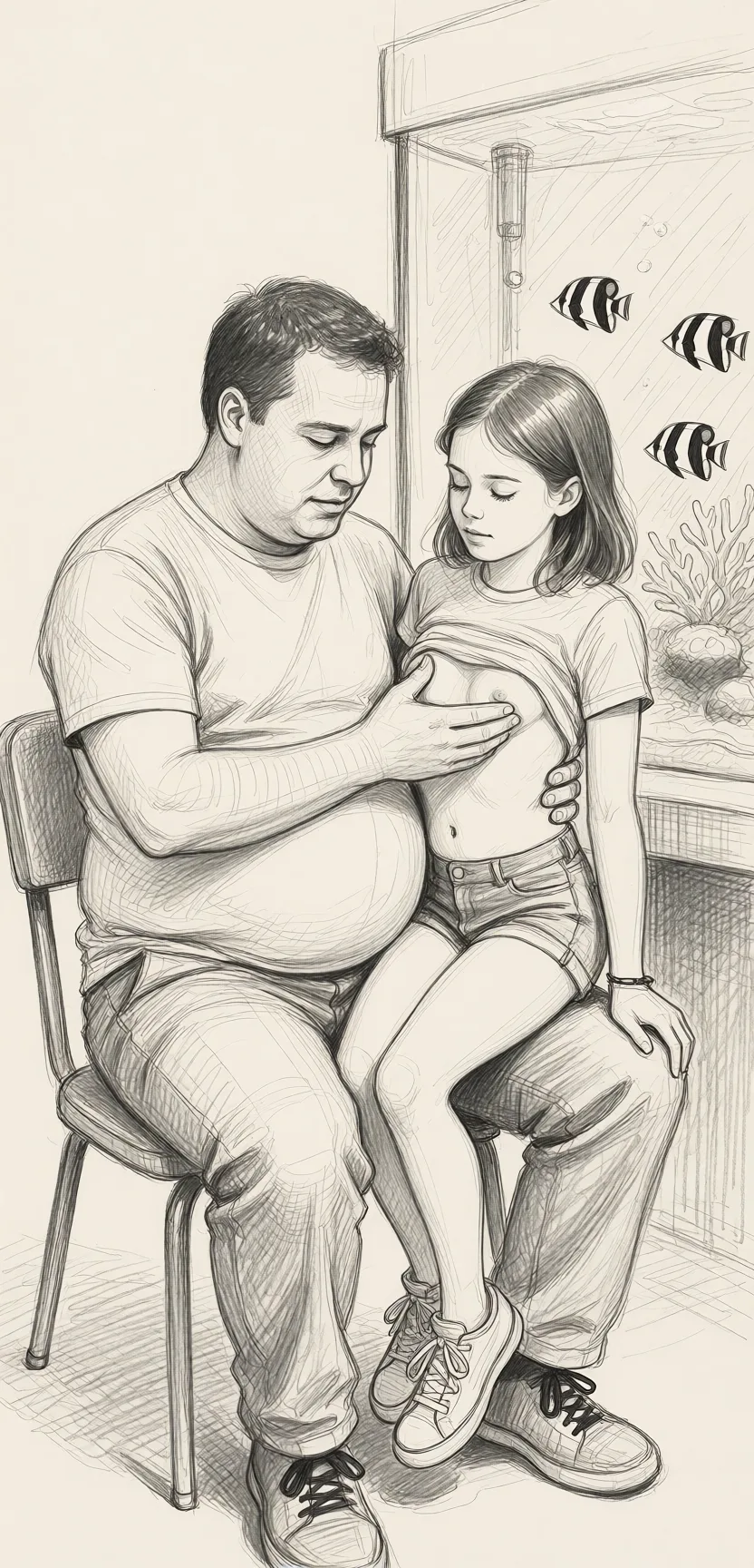 Redraw the entire picture as a hand-drawn graphite sketch on off-white paper: visible pencil strokes, cross-hatched shading, loose construction lines and no colour beyond the grey of the pencil and the tone of the paper. The background is drawn in the same style. Nothing in the frame keeps its photographic appearance. Above all, the picture must show: He has a potbelly, he's sitting on a chair, she is short, she is sitting on his lap, her shirt is pushed up, he is fondling her breast, she loves it.