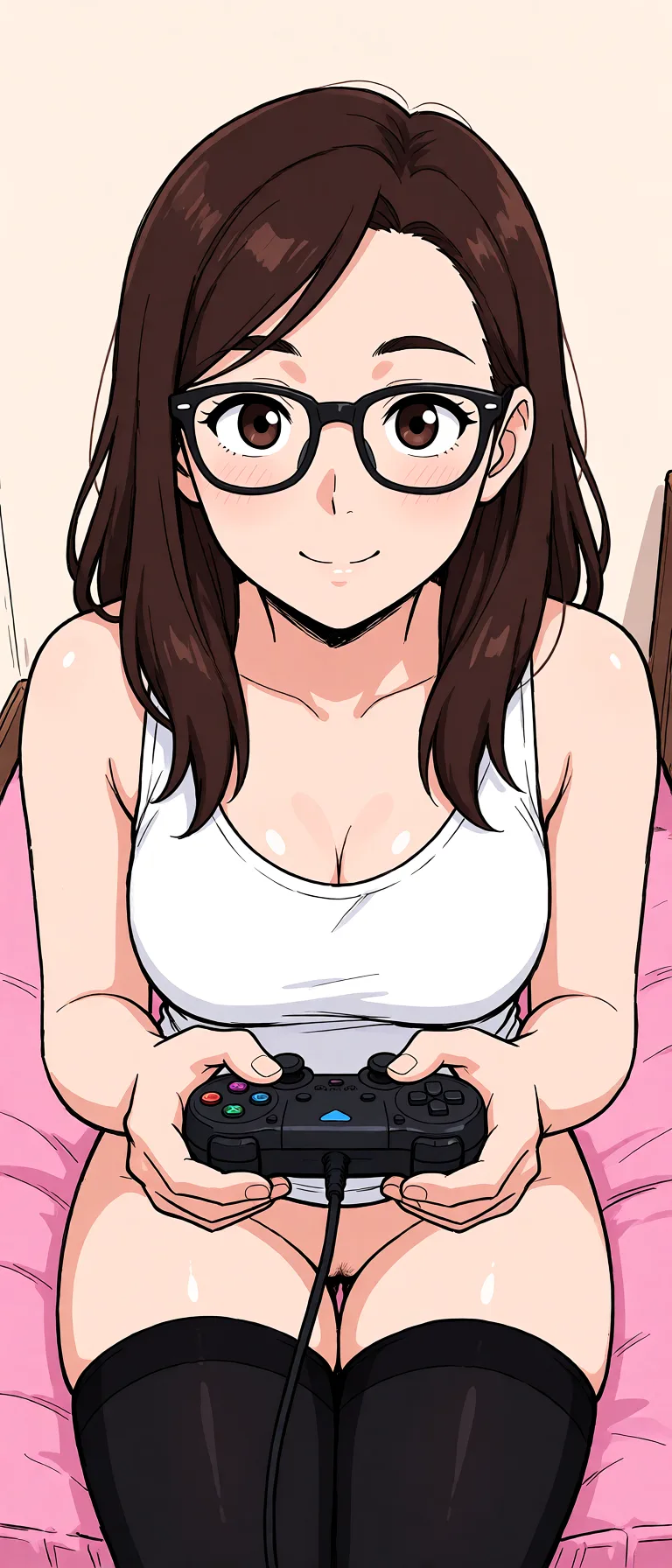 Redraw the entire picture as a hand-drawn anime illustration in flat cel-shaded anime style. It stays the same person with the same face, the same expression, the same hair and the same skin tone, and every other detail of the photograph is kept exactly as it is: nothing is added, removed, moved, uncovered or recoloured. Only the medium changes, and no part of the picture is left photographic. Above all, the picture must show: thighhighs.