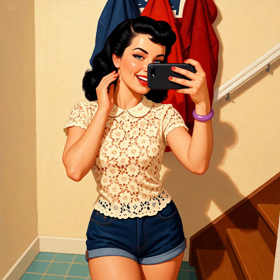 Redraw the entire picture as a retro pin-up illustration: smooth airbrushed gouache paint, warm saturated mid-century colour, clean confident outlines and glamorous stylised features, in the look of a 1950s pin-up poster. The background is painted in the same style. Nothing in the frame keeps its photographic appearance. Above all, the picture must show: sexually_suggestive.