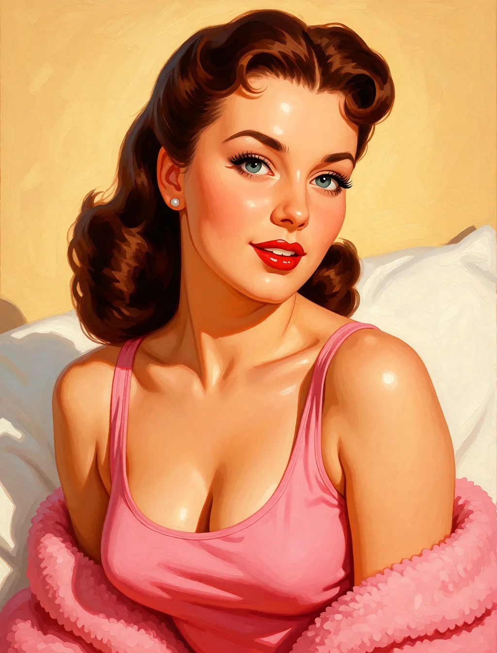 Redraw the entire picture as a retro pin-up illustration: smooth airbrushed gouache paint, warm saturated mid-century colour, clean confident outlines and glamorous stylised features, in the look of a 1950s pin-up poster. The background is painted in the same style. Nothing in the frame keeps its photographic appearance. Above all, the picture must show: sex missionary.