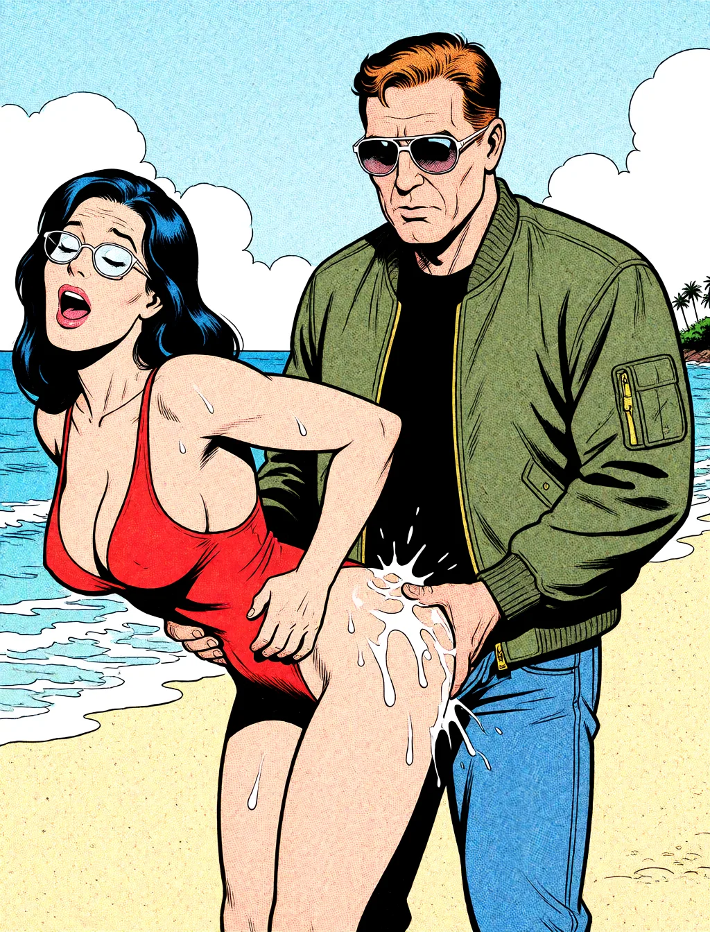 Redraw the entire picture as western comic-book art: heavy black inked outlines, hard-edged cel shading, limited high-contrast colour and visible halftone dot texture. The background is drawn in the same style. Nothing in the frame keeps its photographic appearance. Above all, the picture must show: The man bends her over and fucks her in her ass.
