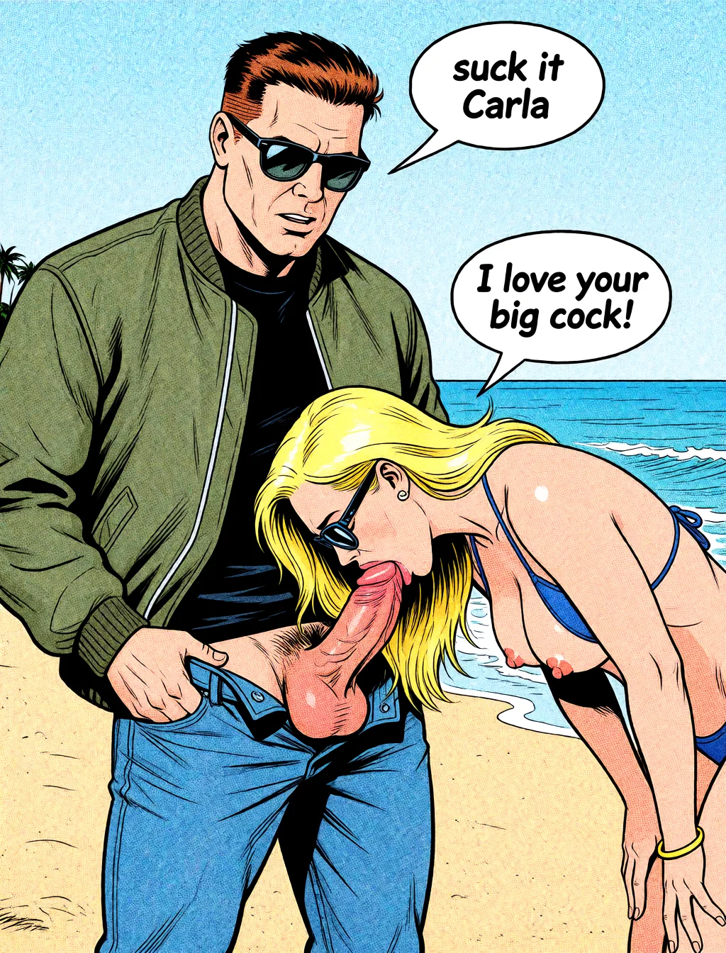 Redraw the entire picture as western comic-book art: heavy black inked outlines, hard-edged cel shading, limited high-contrast colour and visible halftone dot texture. The background is drawn in the same style. Nothing in the frame keeps its photographic appearance. Above all, the picture must show: He pushes head head further down on his cock and says "suck it Carla"
the woman thinks "I love your big cock".