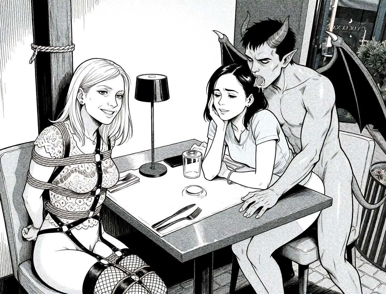 Redraw the entire picture as a black and white manga page: crisp black ink line art, no colour anywhere, flat halftone screentone shading, hatched shadows and clean white highlights, in the look of a printed manga panel. The background is drawn in the same style. Nothing in the frame keeps its photographic appearance. Above all, the picture must show: The blonde one is tied bondage and the brown one is having sex_from_behind with a demon.