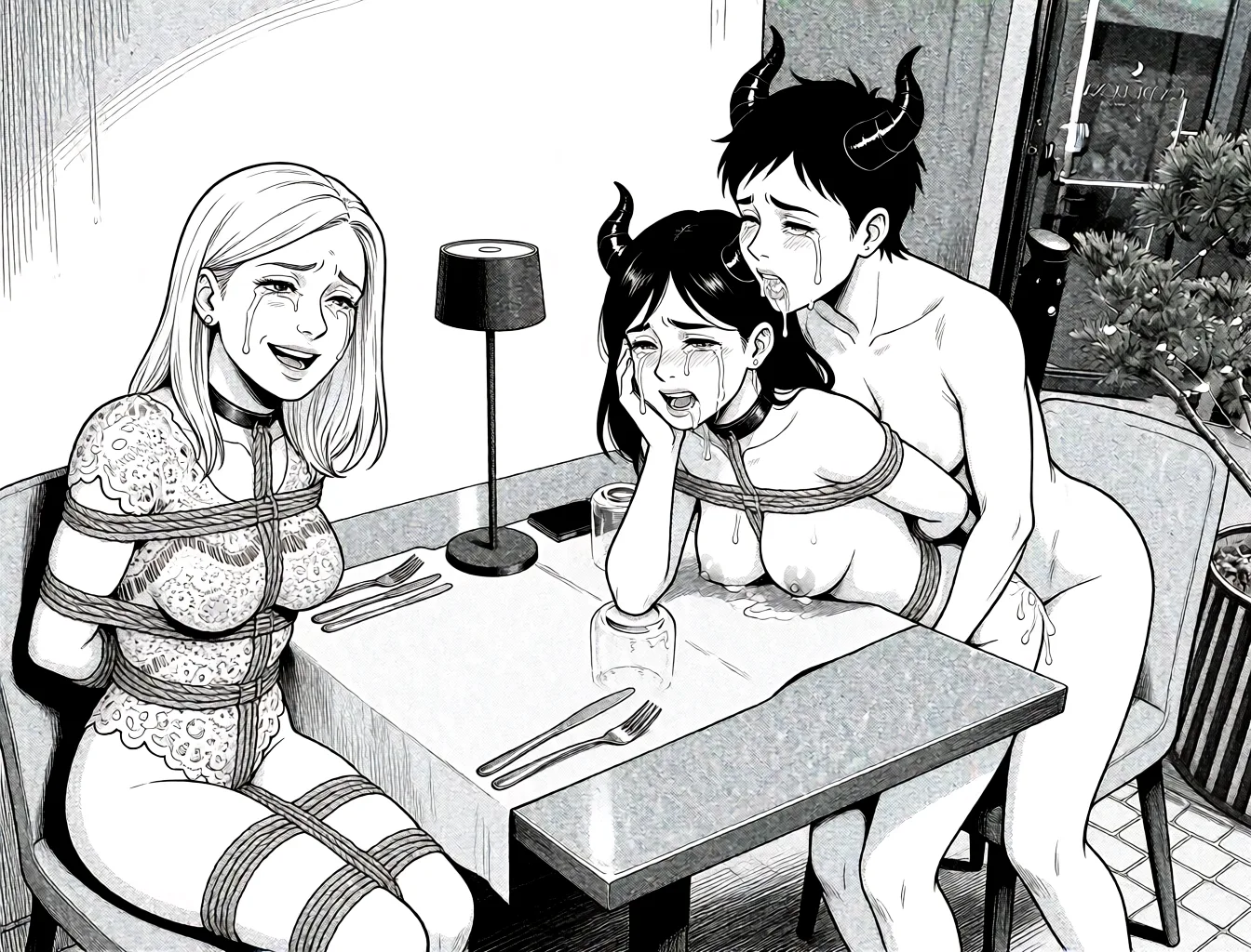 Redraw the entire picture as a black and white manga page: crisp black ink line art, no colour anywhere, flat halftone screentone shading, hatched shadows and clean white highlights, in the look of a printed manga panel. The background is drawn in the same style. Nothing in the frame keeps its photographic appearance. Above all, the picture must show: The blonde one is tied bondage and the brown one is having sex_from_behind with a demon_horns 
The brown one is naked bondage 
Both crying.