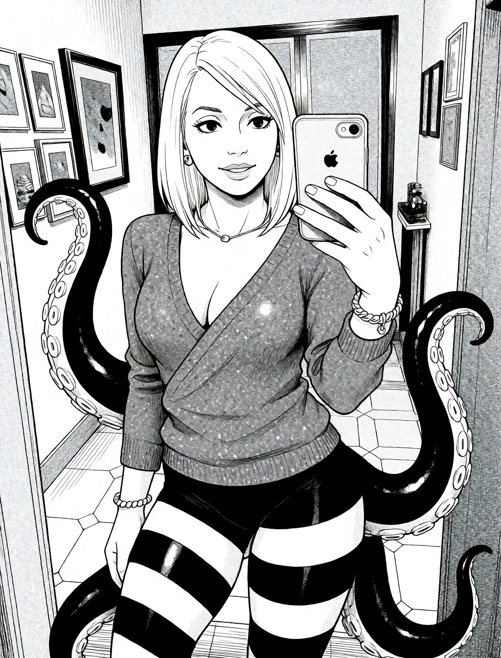 Redraw the entire picture as a black and white manga page: crisp black ink line art, no colour anywhere, flat halftone screentone shading, hatched shadows and clean white highlights, in the look of a printed manga panel. The background is drawn in the same style. Nothing in the frame keeps its photographic appearance. Above all, the picture must show: striped_clothes and tentacles all over her body.