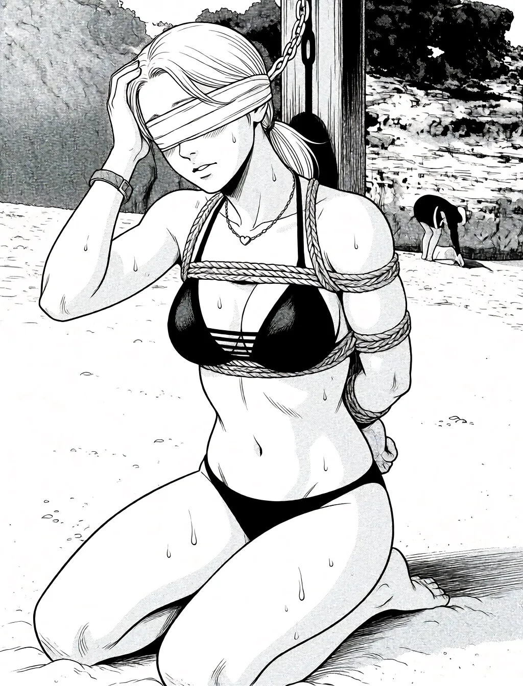 Redraw the entire picture as a black and white manga page: crisp black ink line art, no colour anywhere, flat halftone screentone shading, hatched shadows and clean white highlights, in the look of a printed manga panel. The background is drawn in the same style. Nothing in the frame keeps its photographic appearance. Above all, the picture must show: Undress her nude naked bound_arms bondage covered_eyes tied.