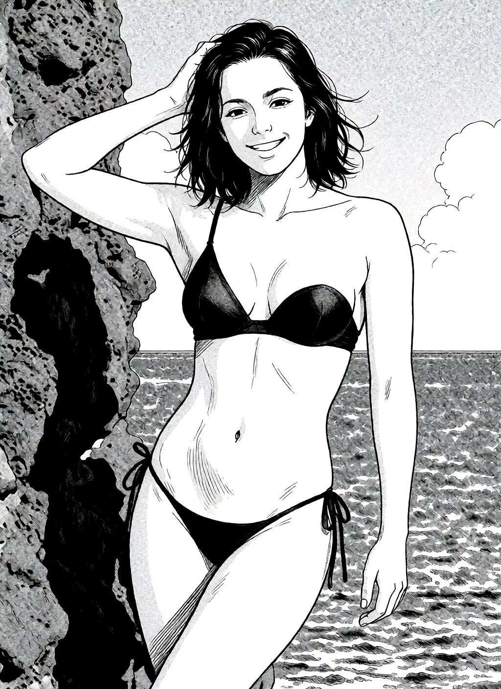 Redraw the entire picture as a black and white manga page: crisp black ink line art, no colour anywhere, flat halftone screentone shading, hatched shadows and clean white highlights, in the look of a printed manga panel. The background is drawn in the same style. Nothing in the frame keeps its photographic appearance. Above all, the picture must show: nude completely_nude bondage.