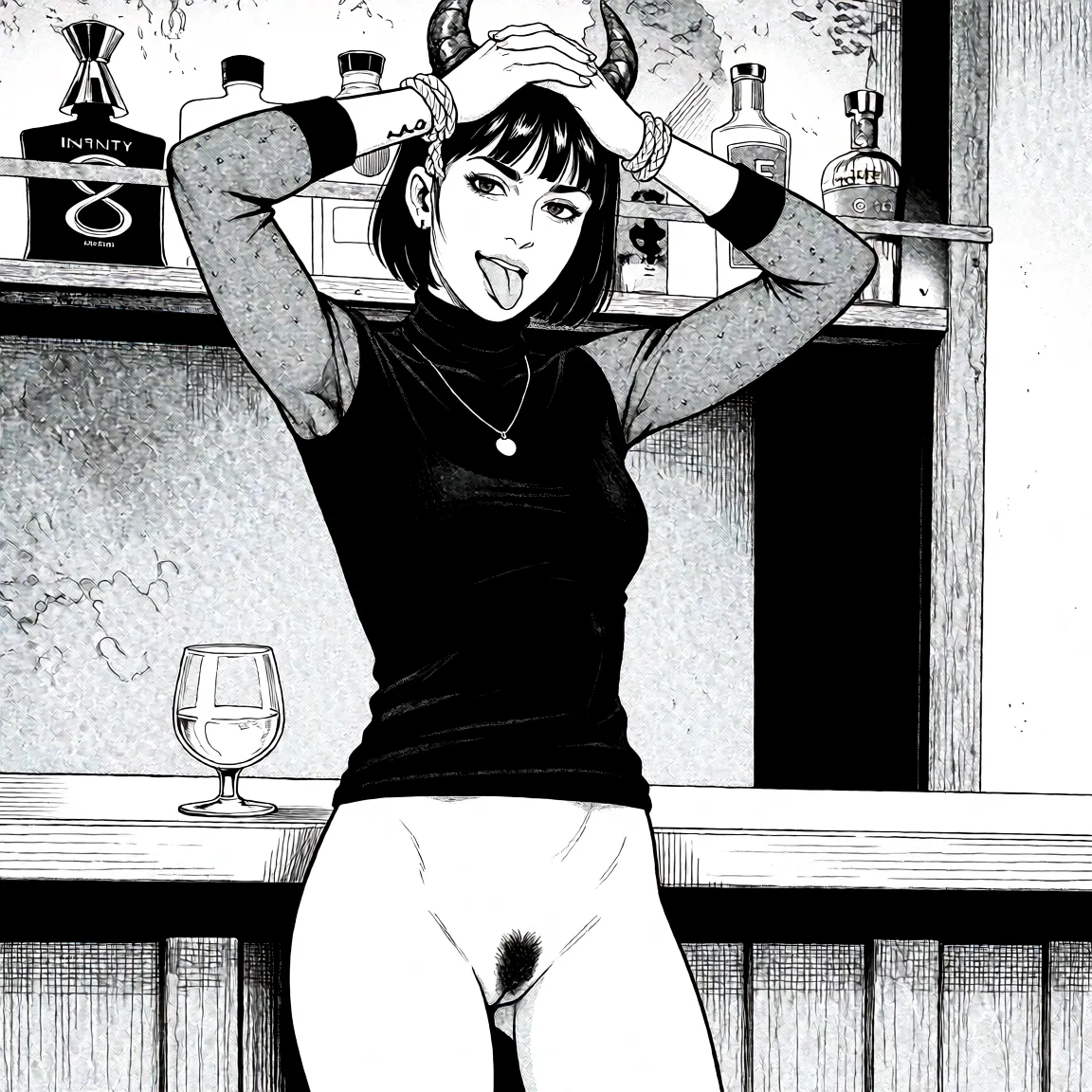 Redraw the entire picture as a black and white manga page: crisp black ink line art, no colour anywhere, flat halftone screentone shading, hatched shadows and clean white highlights, in the look of a printed manga panel. The background is drawn in the same style. Nothing in the frame keeps its photographic appearance. Above all, the picture must show: Standing, no clothes, no shoes, no socks, tied hand_on_own_head completely_nude licking_lips of a demon.