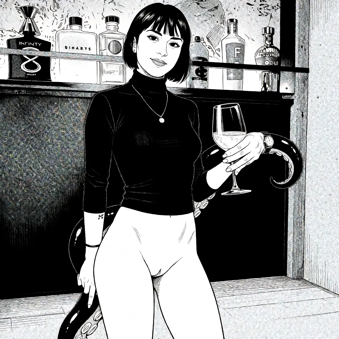Redraw the entire picture as a black and white manga page: crisp black ink line art, no colour anywhere, flat halftone screentone shading, hatched shadows and clean white highlights, in the look of a printed manga panel. The background is drawn in the same style. Nothing in the frame keeps its photographic appearance. Above all, the picture must show: Standing, no clothes, no shoes, no socks, hand arms_behind_back fingered by a tentacles.