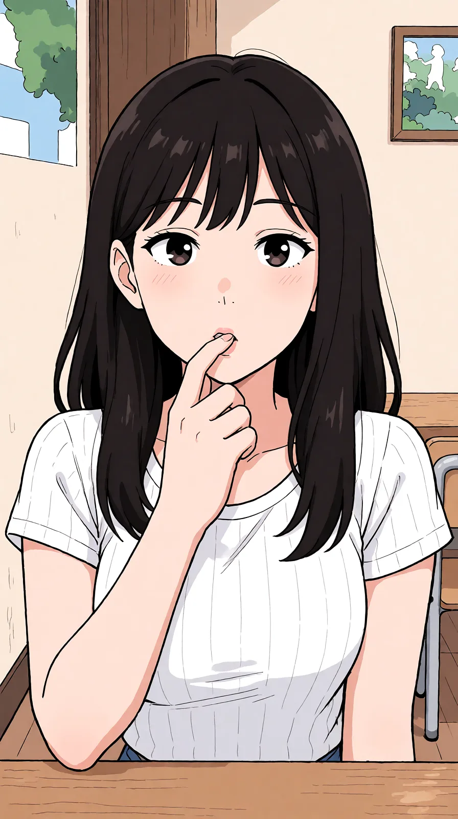 Redraw the entire picture as a hand-drawn anime illustration in flat cel-shaded anime style. It stays the same person with the same face, the same expression, the same hair and the same skin tone, and every other detail of the photograph is kept exactly as it is: nothing is added, removed, moved, uncovered or recoloured. Only the medium changes, and no part of the picture is left photographic. Above all, the picture must show: 옷 다 벗겨줘.