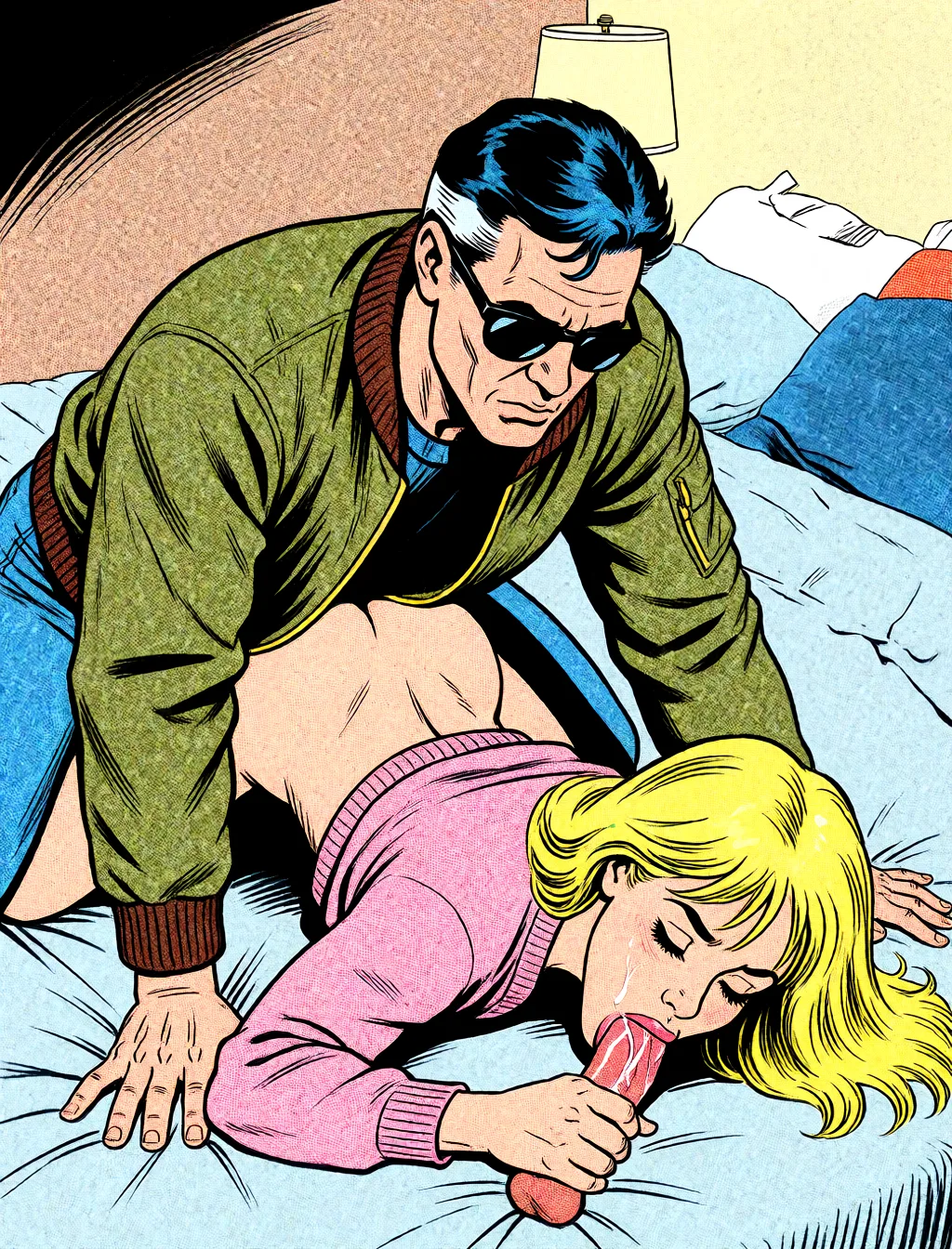 Redraw the entire picture as western comic-book art: heavy black inked outlines, hard-edged cel shading, limited high-contrast colour and visible halftone dot texture. The background is drawn in the same style. Nothing in the frame keeps its photographic appearance. Above all, the picture must show: The man climbs on top of her and she sucks his extremely hard dick.