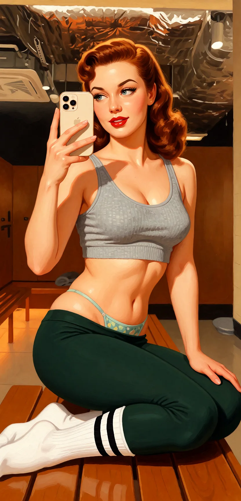 Redraw the entire picture as a retro pin-up illustration: smooth airbrushed gouache paint, warm saturated mid-century colour, clean confident outlines and glamorous stylised features, in the look of a 1950s pin-up poster. The background is painted in the same style. Nothing in the frame keeps its photographic appearance. Above all, the picture must show:woman wearing white sports socks with 3 black stripes.